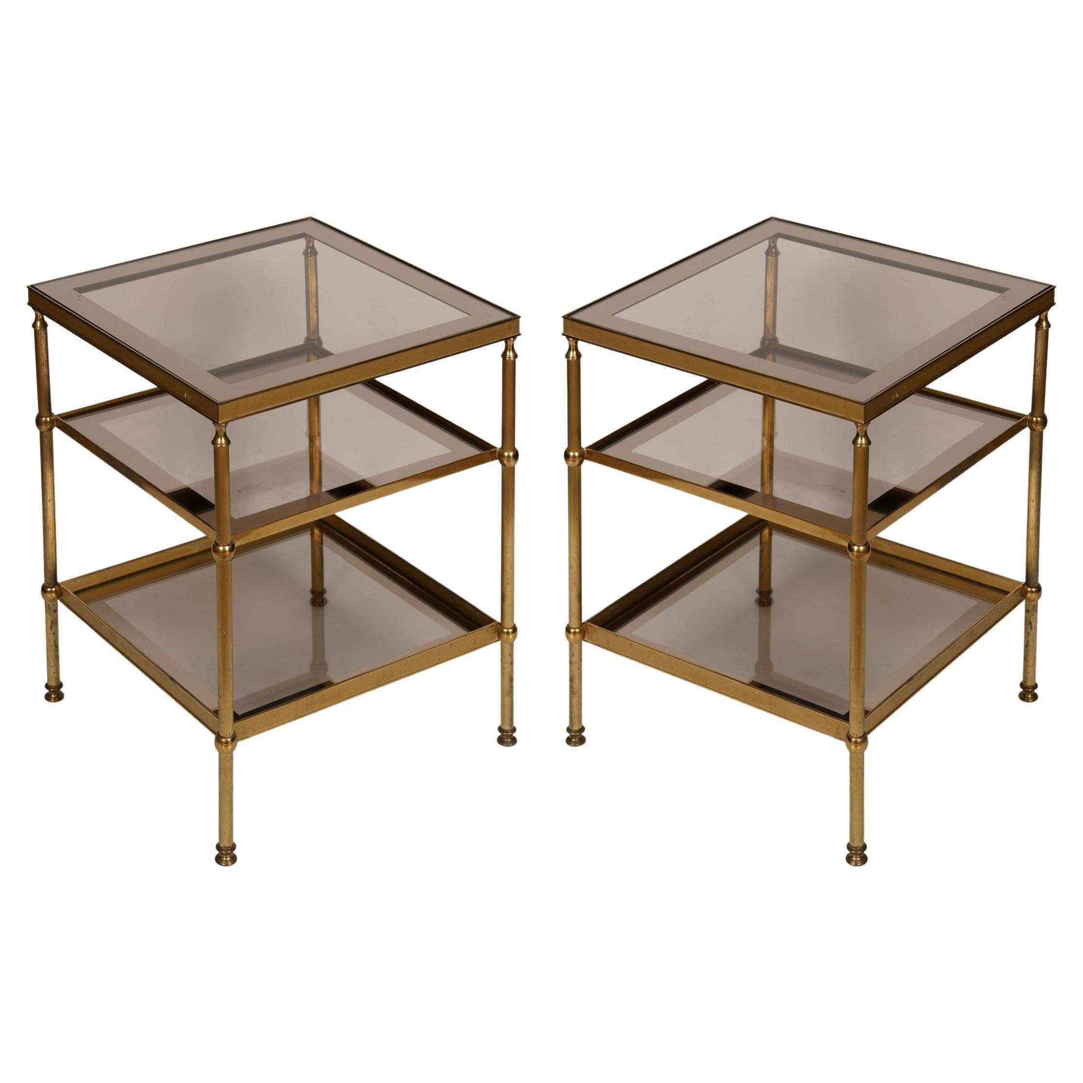 Pair of Three Tier French Brass and Glass Side Tables