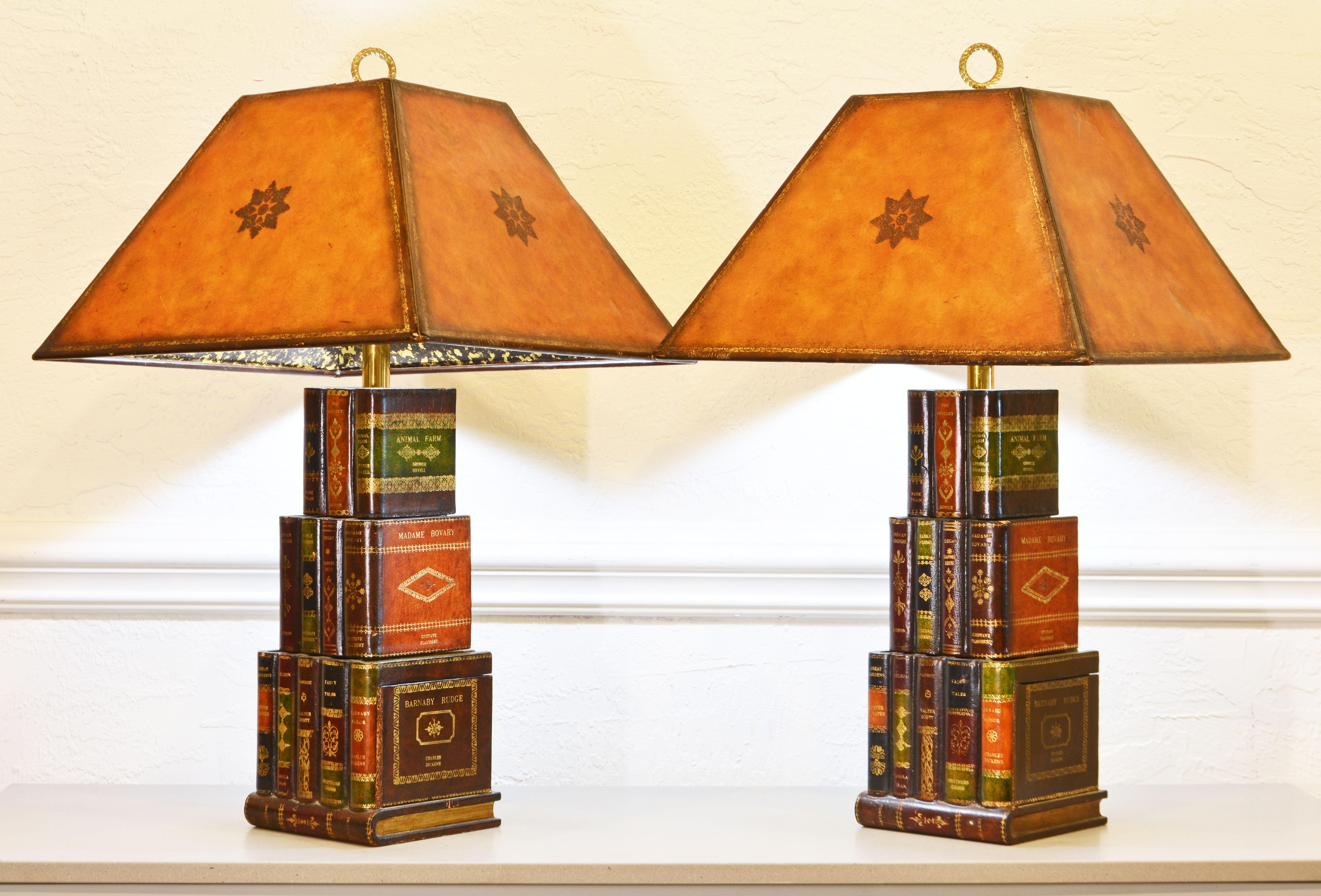 Edwardian Pair of Three Tier Tall Mid-Century Maitland Smith Book Lamps, Original Shades