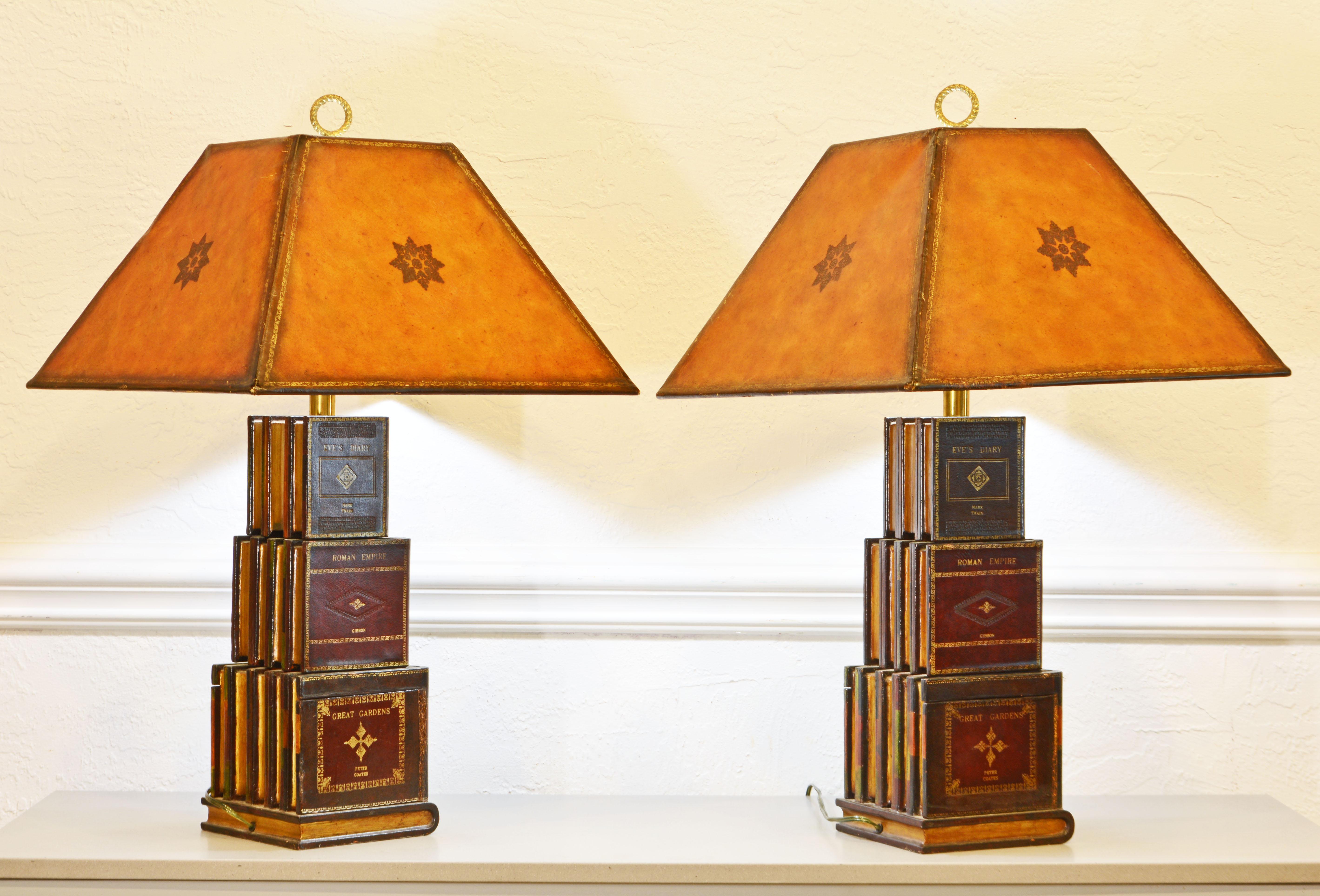Italian Pair of Three Tier Tall Mid-Century Maitland Smith Book Lamps, Original Shades