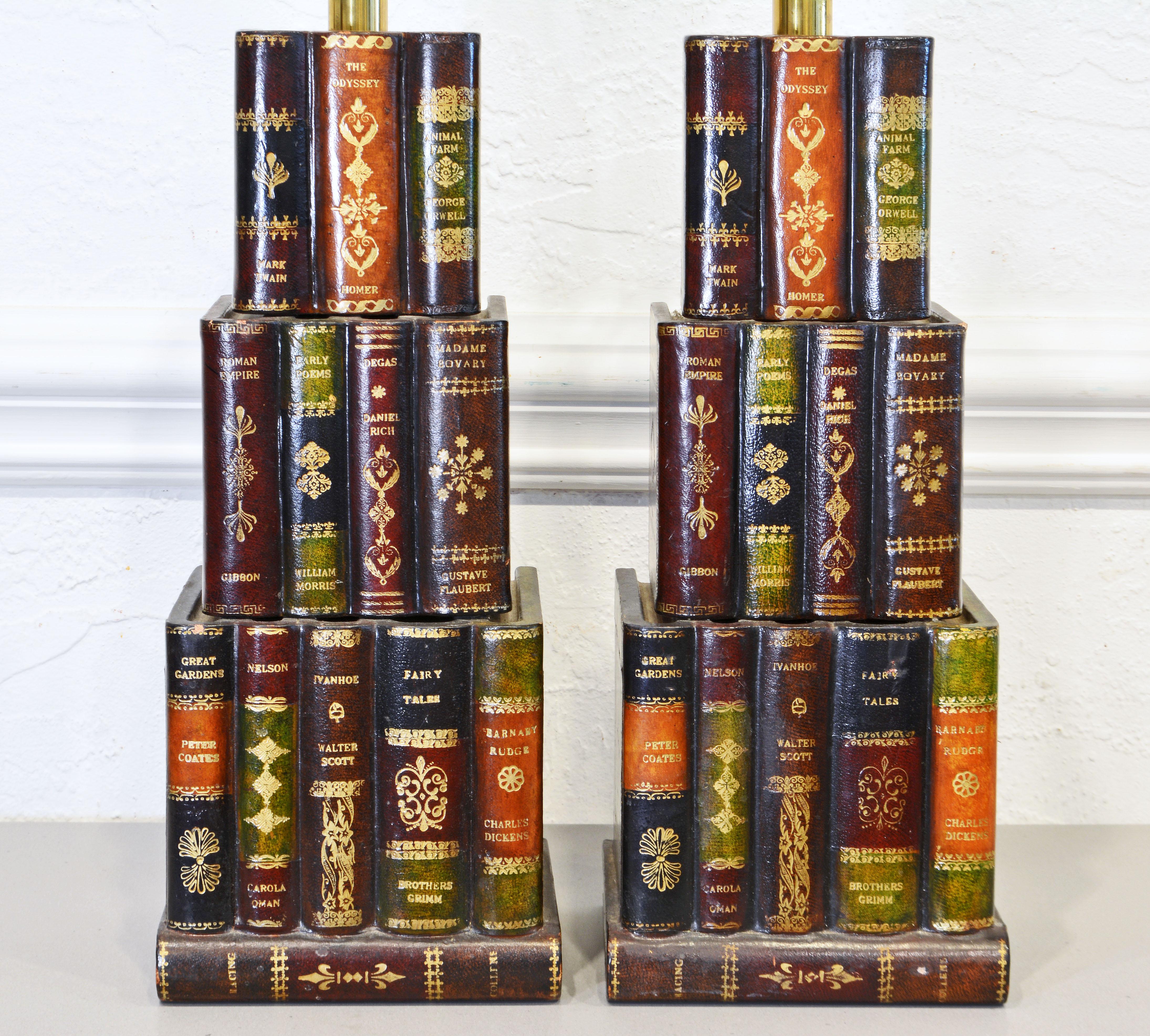 Giltwood Pair of Three Tier Tall Mid-Century Maitland Smith Book Lamps, Original Shades