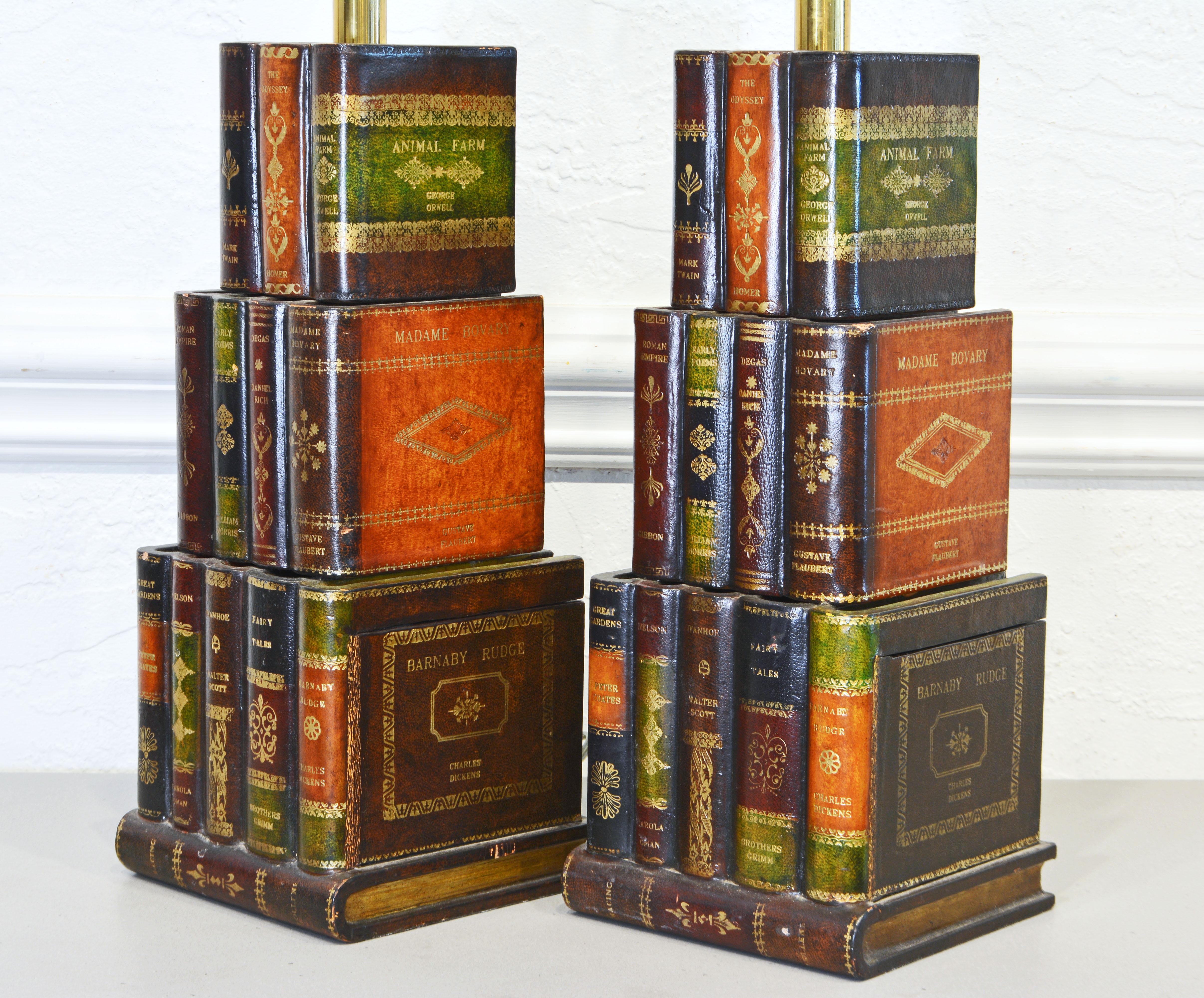 Pair of Three Tier Tall Mid-Century Maitland Smith Book Lamps, Original Shades 1