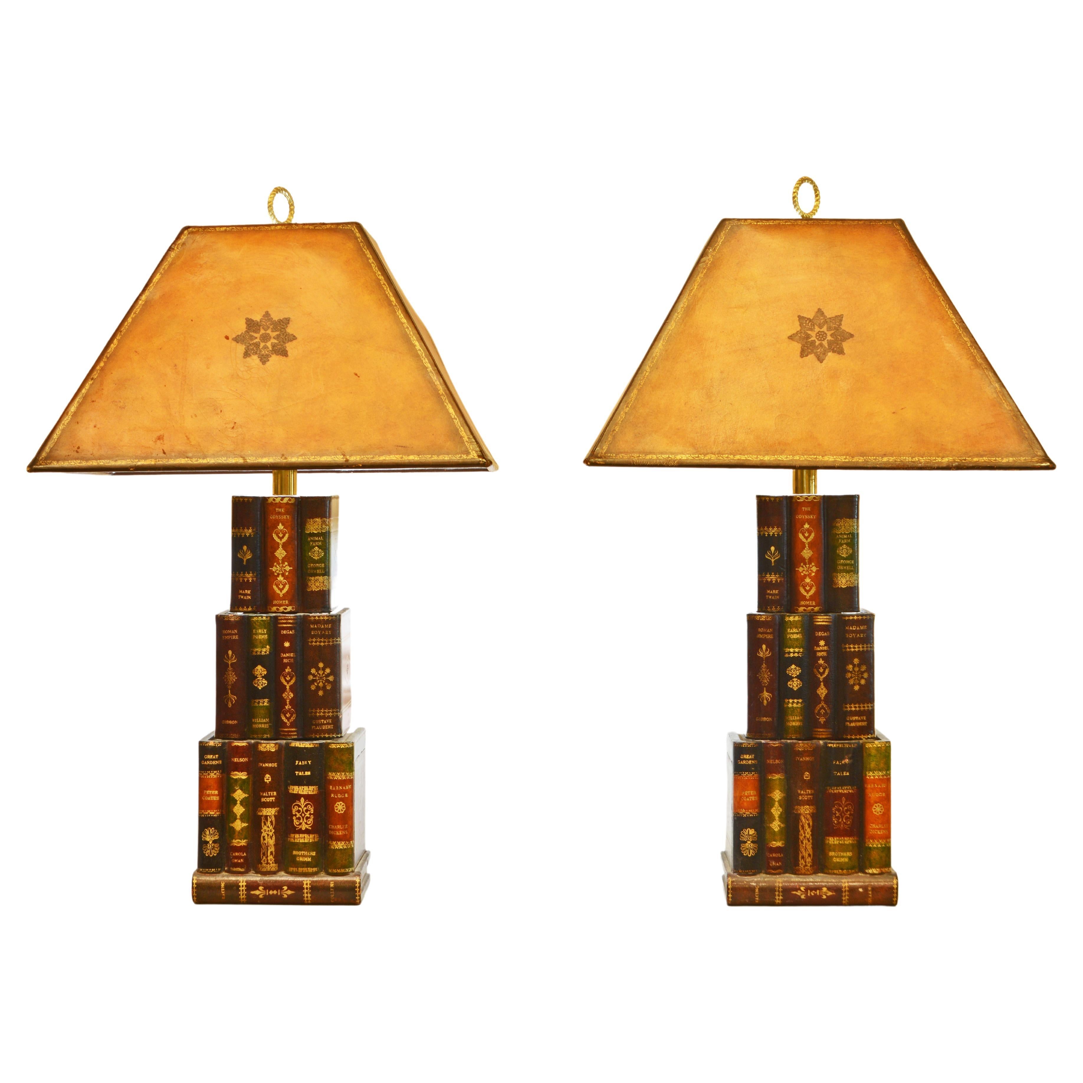 Pair of Three Tier Tall Mid-Century Maitland Smith Book Lamps, Original Shades