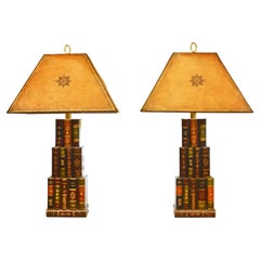 Vintage Pair of Three Tier Tall Mid-Century Maitland Smith Book Lamps, Original Shades