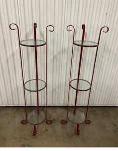 Vintage Red Wrought Iron Three Tier Stands with Glass Shelves, 1950s