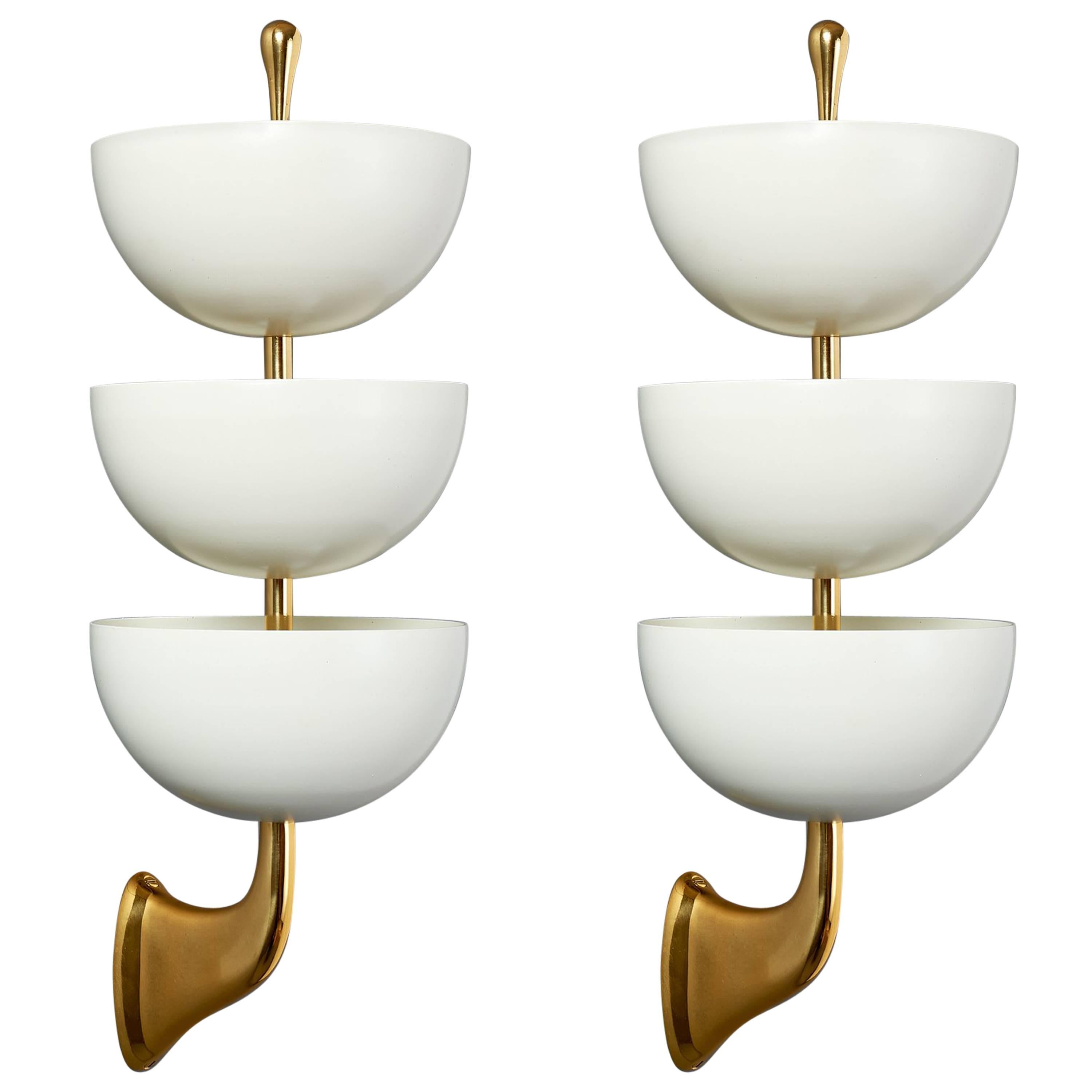 Pair of Three-Tiered Enameled Metal Sconces by Stilnovo, Italy, 1950s