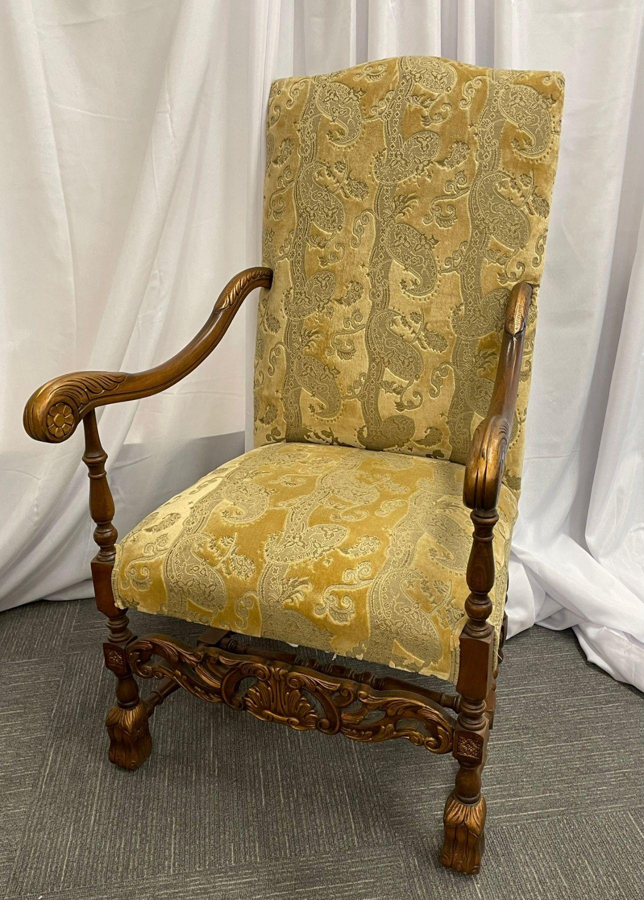 Jacobean Pair of Throne Chairs, Fauteuils in Louis XIV Fashion, Fine Upholstery For Sale