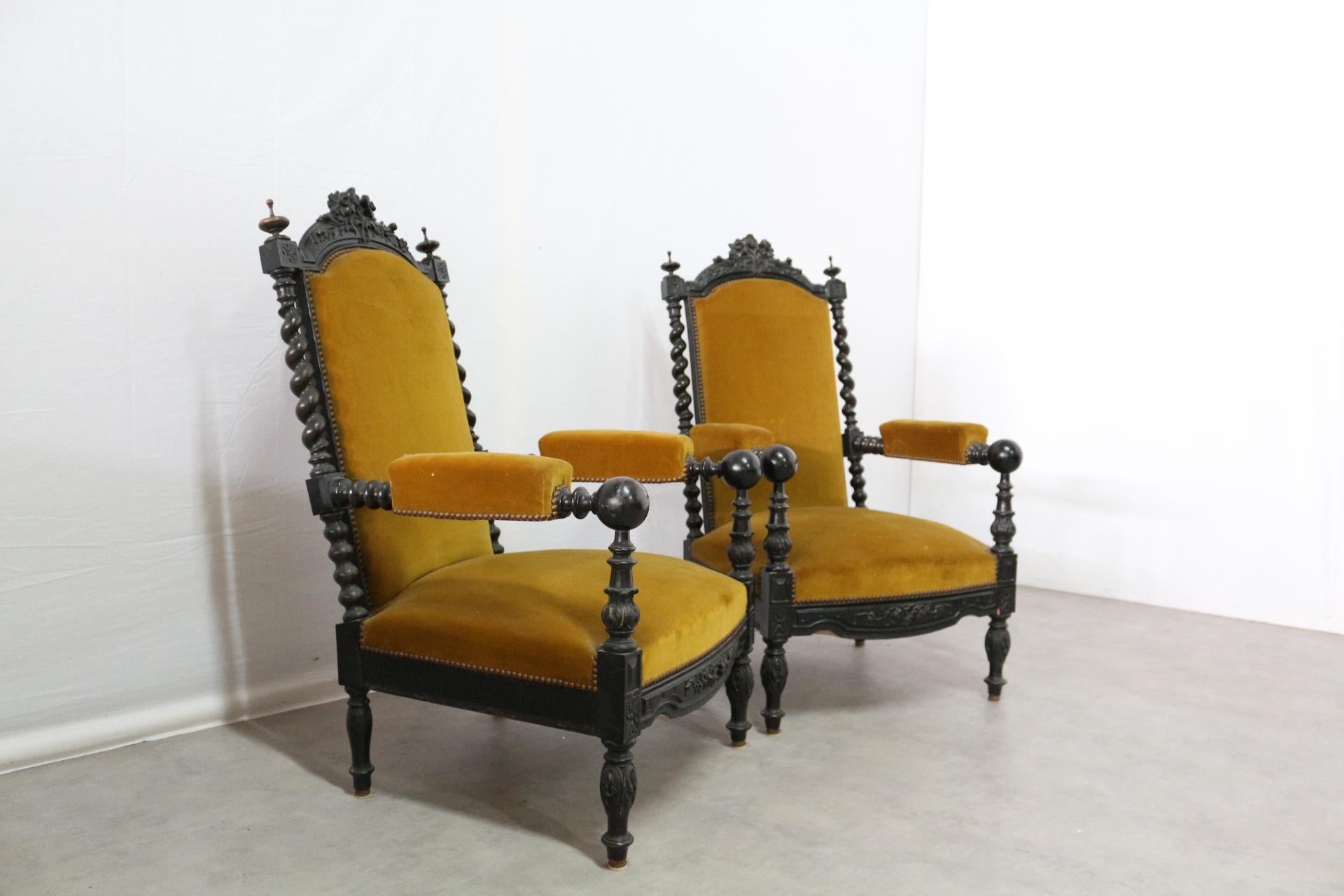 Pair of Throne Chairs Open Armchairs French 19th Century Louis XIII Barley Twist 3