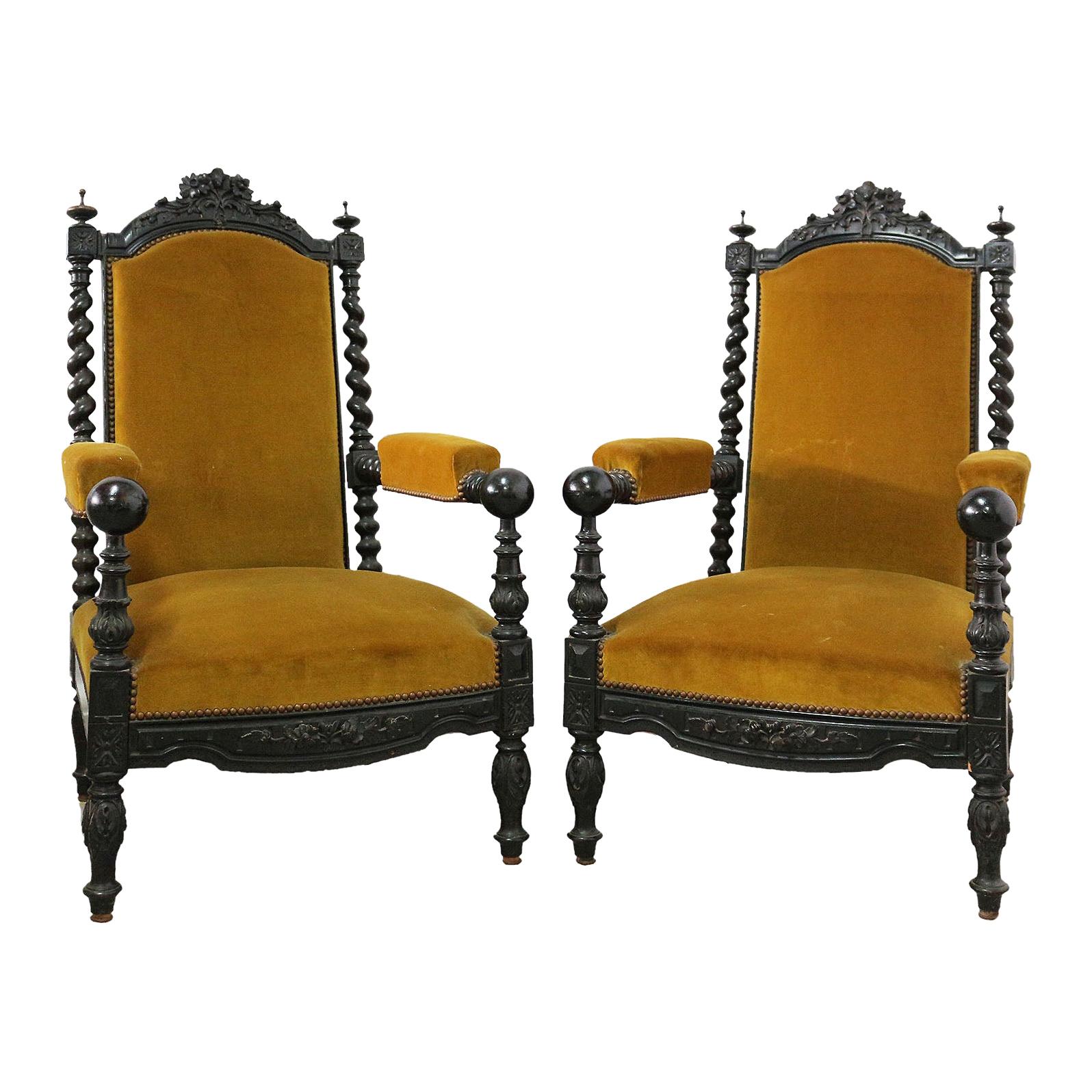Pair of Throne Chairs Open Armchairs French 19th Century Louis XIII Barley Twist