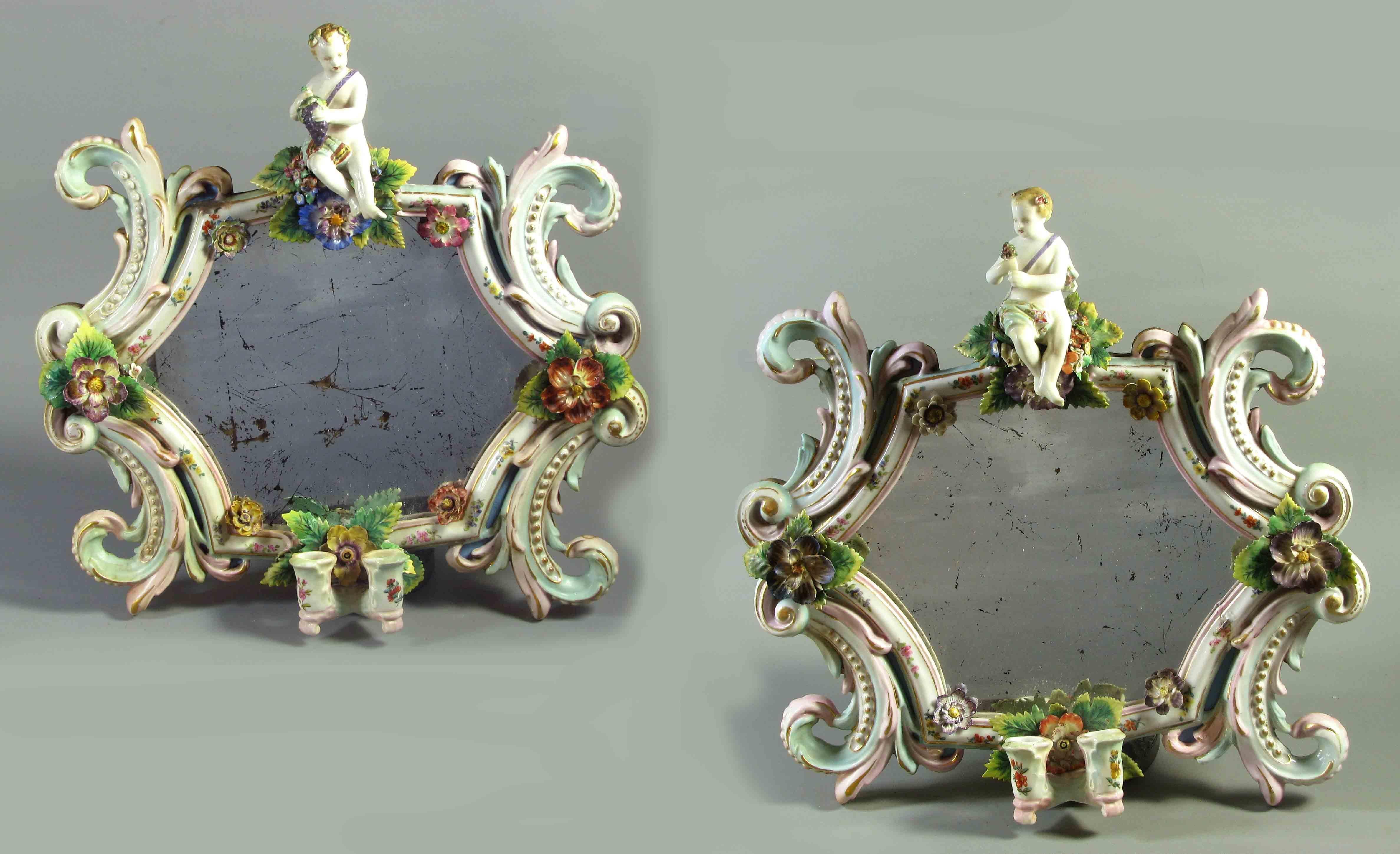 Zwei Thuringianische Grinadoles-Porzellanspiegel mit zwei Leuchten im Meissener Stil, um 1870  im Angebot 9