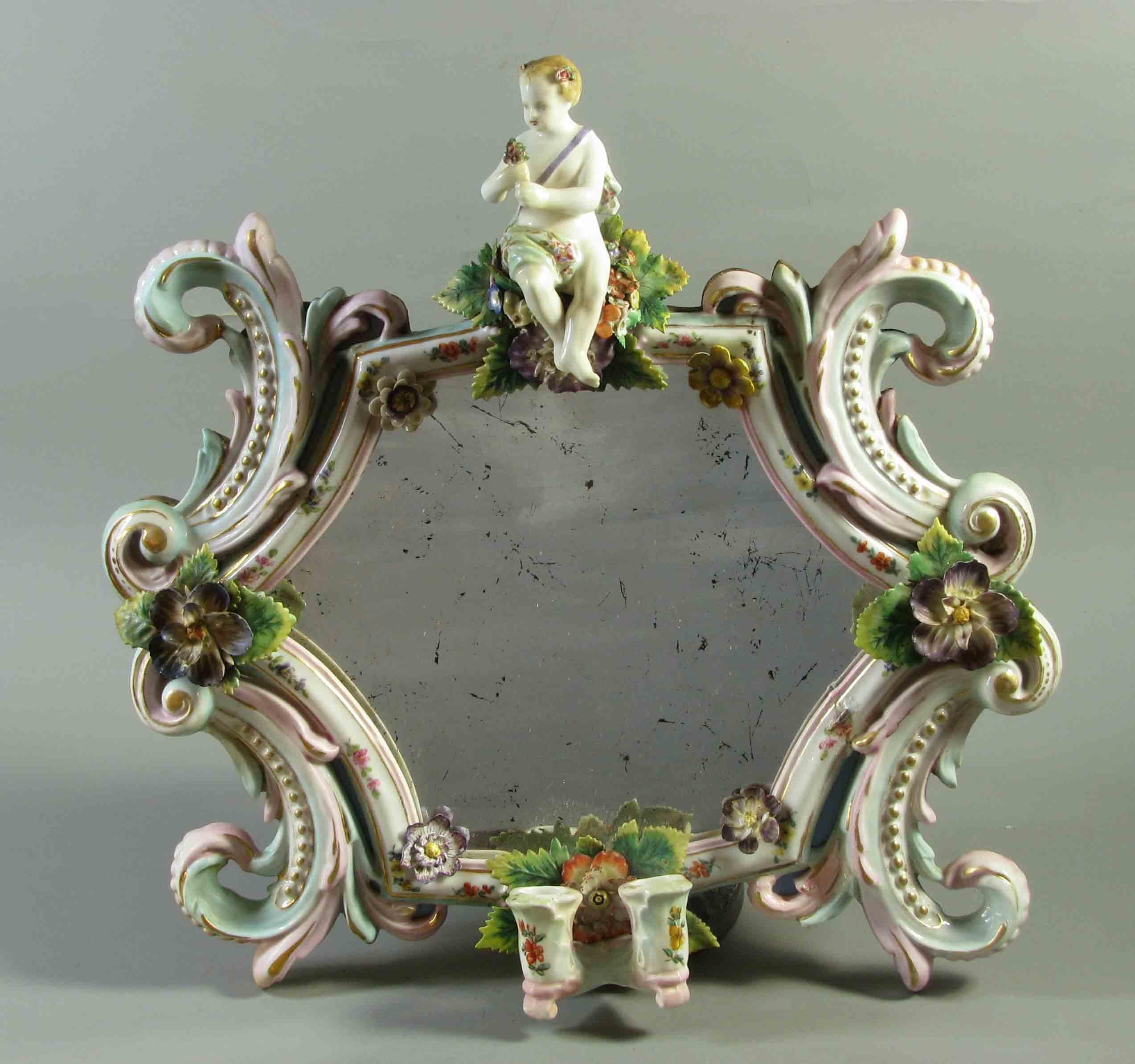German Pair of Thuringian Meissen-style Porcelain Two-Light Mirror Grinadoles Ca. 1870  For Sale