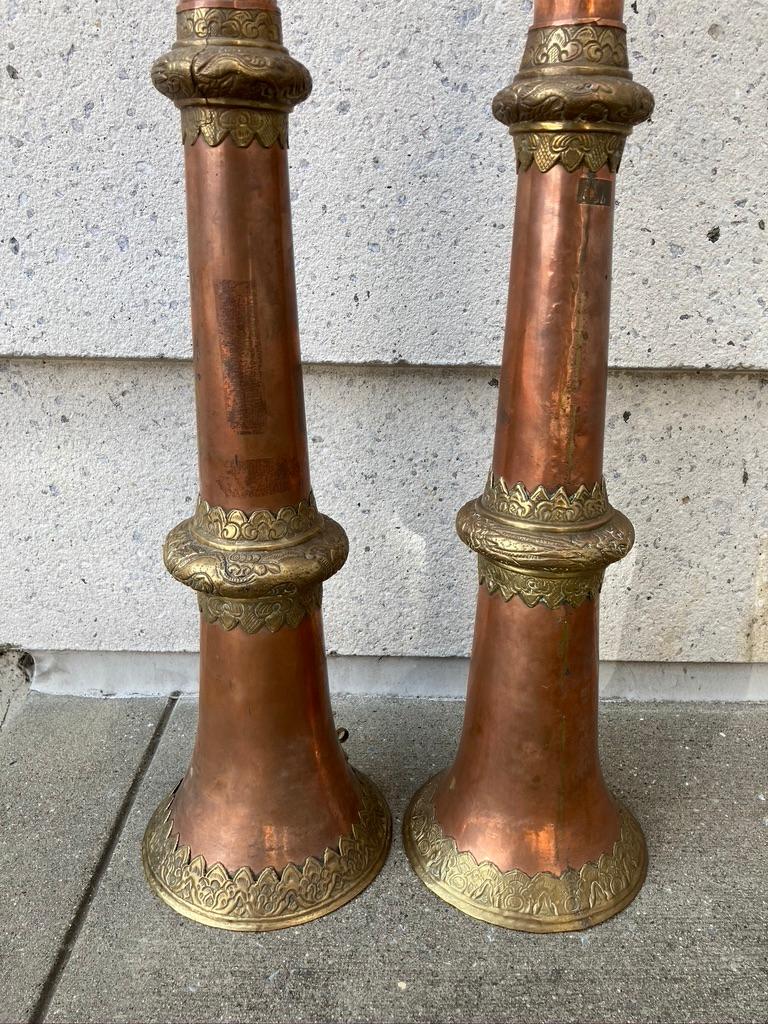 Pair of Tibetan Buddhist Copper and Brass Repousse Ritual Trumpets 7