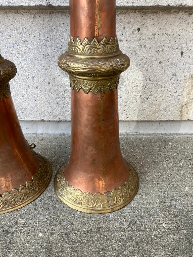 Pair of Tibetan Buddhist Copper and Brass Repousse Ritual Trumpets 8