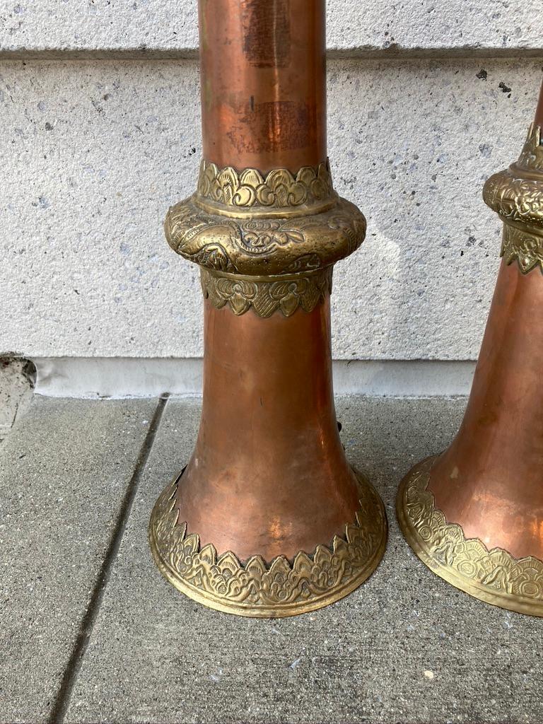 Pair of Tibetan Buddhist Copper and Brass Repousse Ritual Trumpets 9