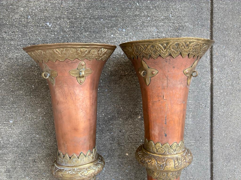 Pair of Tibetan Buddhist Copper and Brass Repousse Ritual Trumpets 13