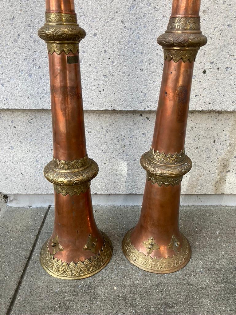 Pair of Tibetan Buddhist Copper and Brass Repousse Ritual Trumpets In Good Condition In Stamford, CT