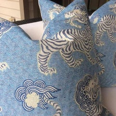 Pair of Tibetan Dragon Chinoiserie Blue & White 20" Pillows