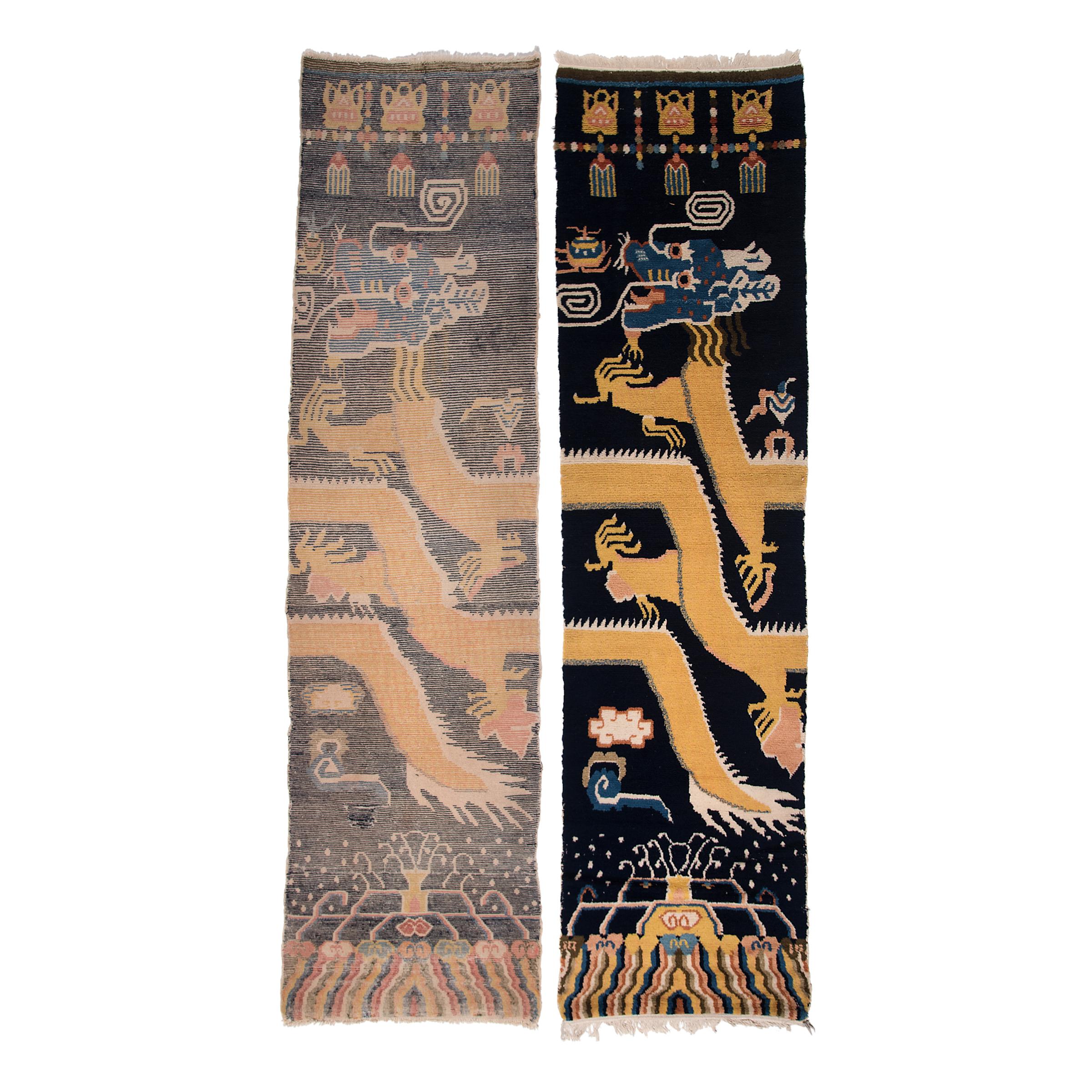 Historically used within Buddhist prayer halls, these long Tibetan carpets were once wrapped around structural columns to adorn and insulate the interior. Intended to be hung on either side of a column, these carpets are designed in complement to