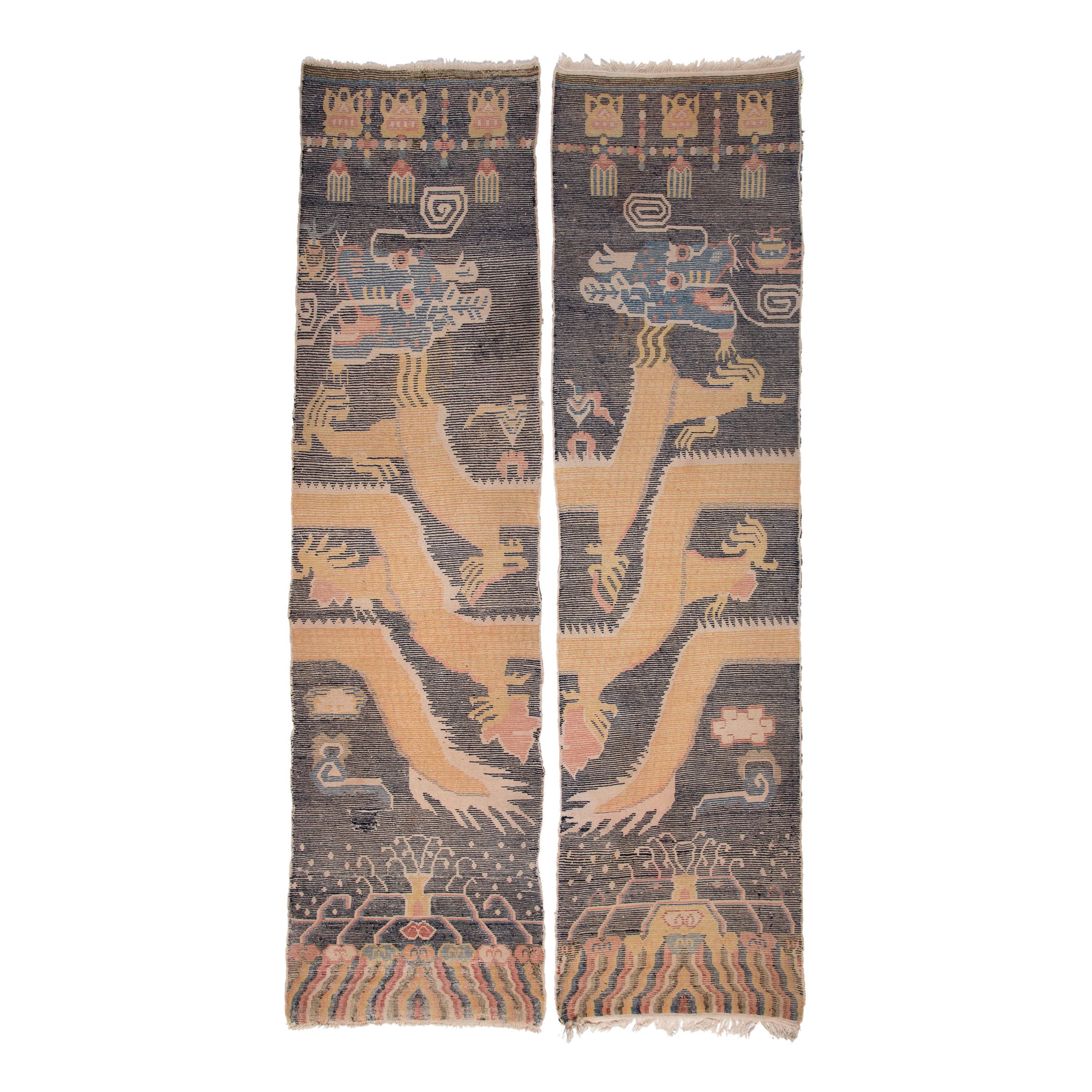 Hand-Knotted Pair of Tibetan Dragon Column Carpet Runners, circa 1900