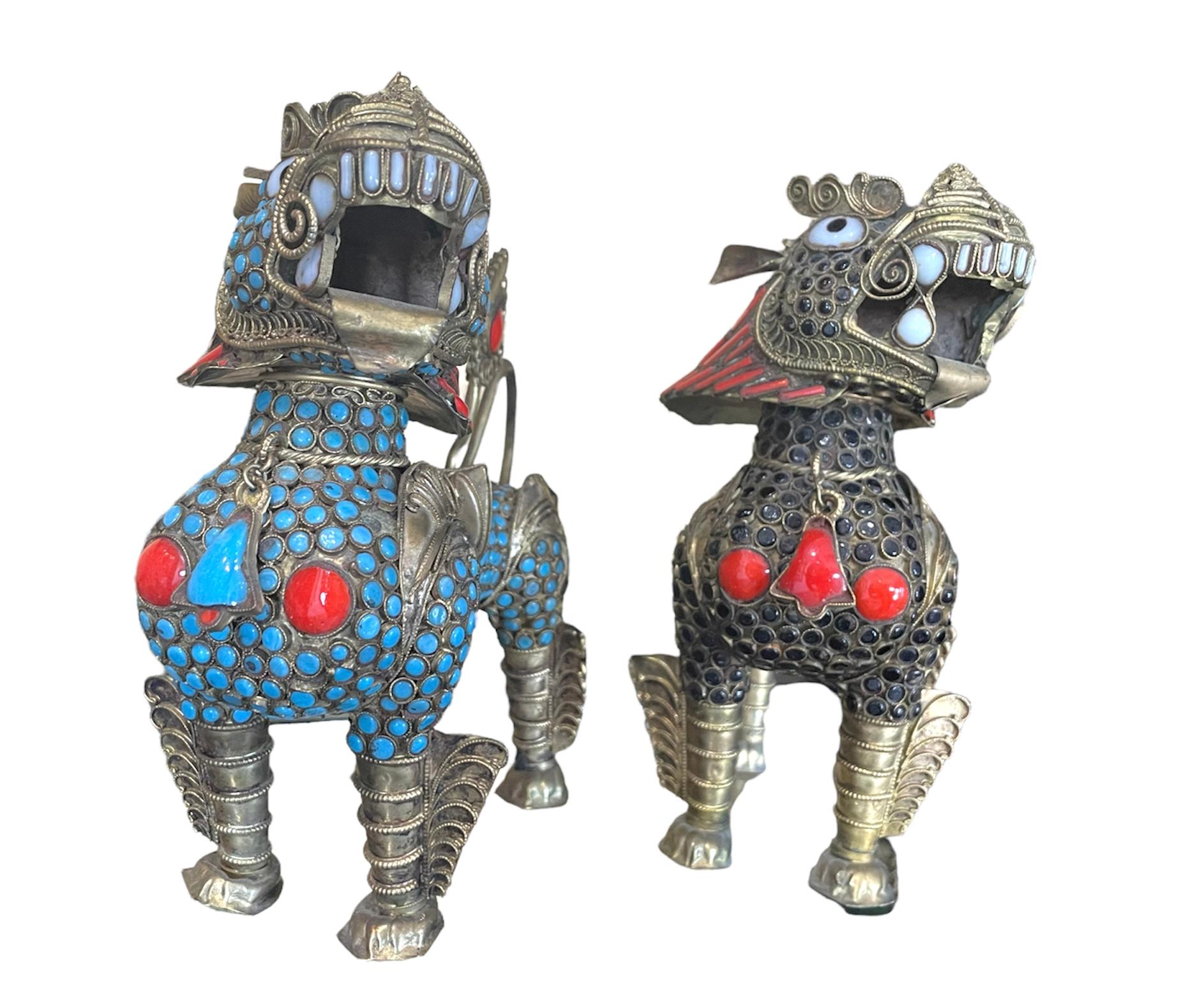 Metalwork Pair of Tibetan Encrusted Turquoise and Coral Foo Dogs