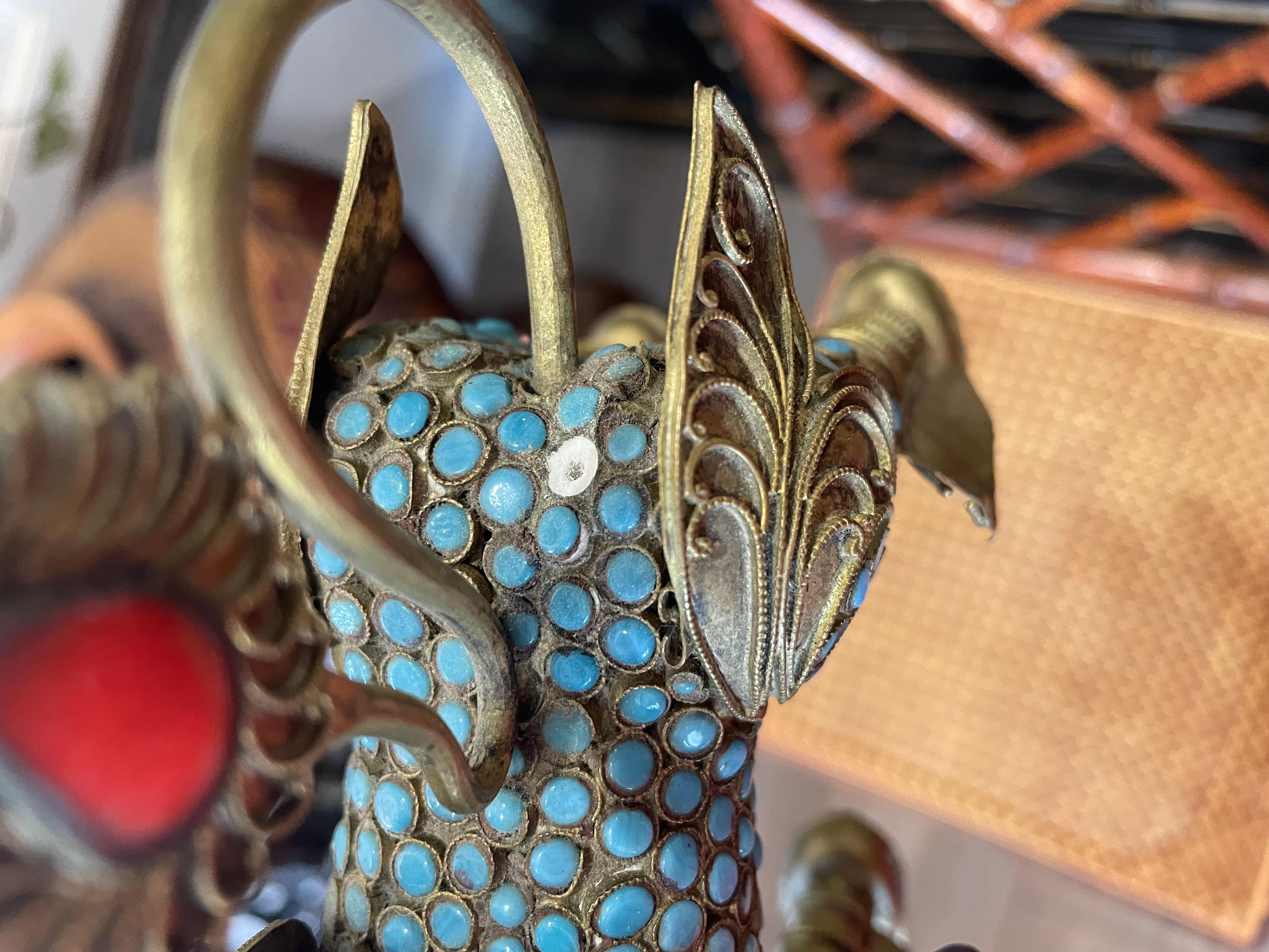 Pair of Tibetan Encrusted Turquoise and Coral Foo Dogs In Good Condition In Jupiter, FL