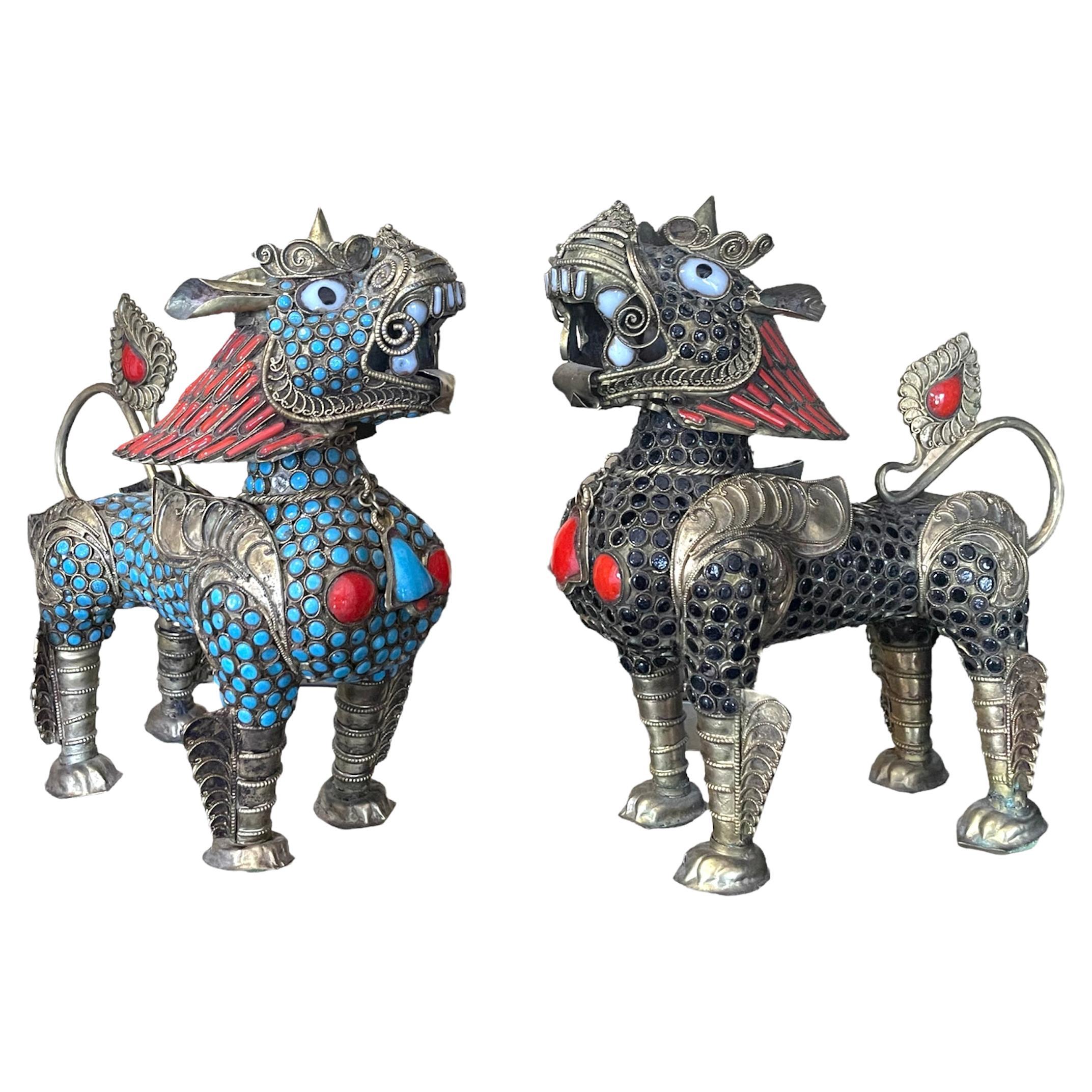 Pair of Tibetan Encrusted Turquoise and Coral Foo Dogs