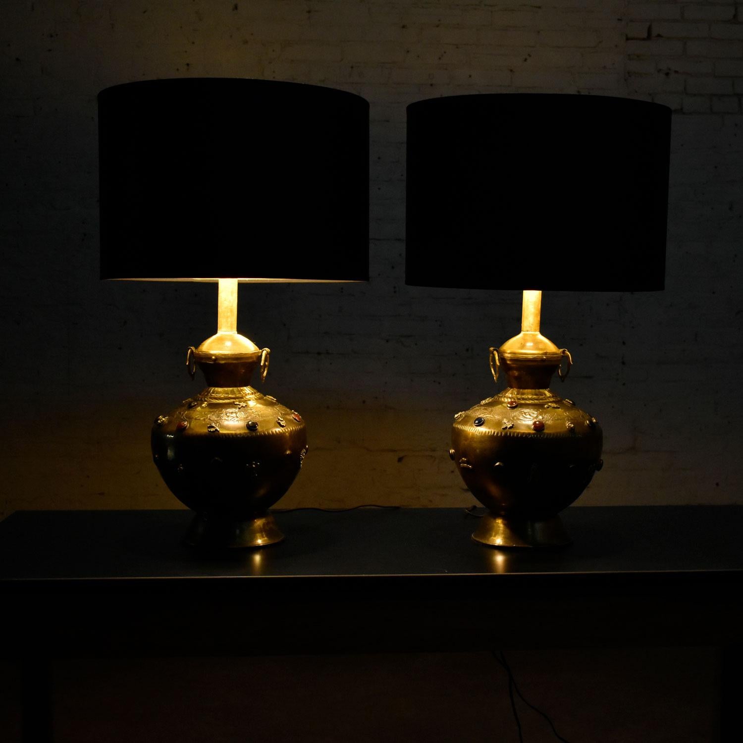 Pair of Tibetan Hand Hammered Brass Lamps with Glass Jewels For Sale 4