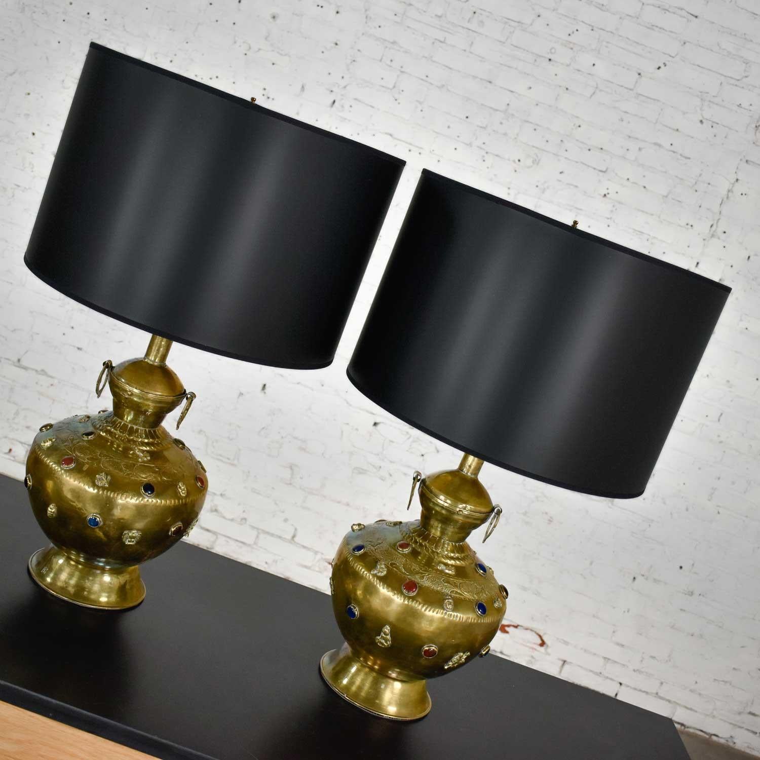 Pair of Tibetan Hand Hammered Brass Lamps with Glass Jewels For Sale 5