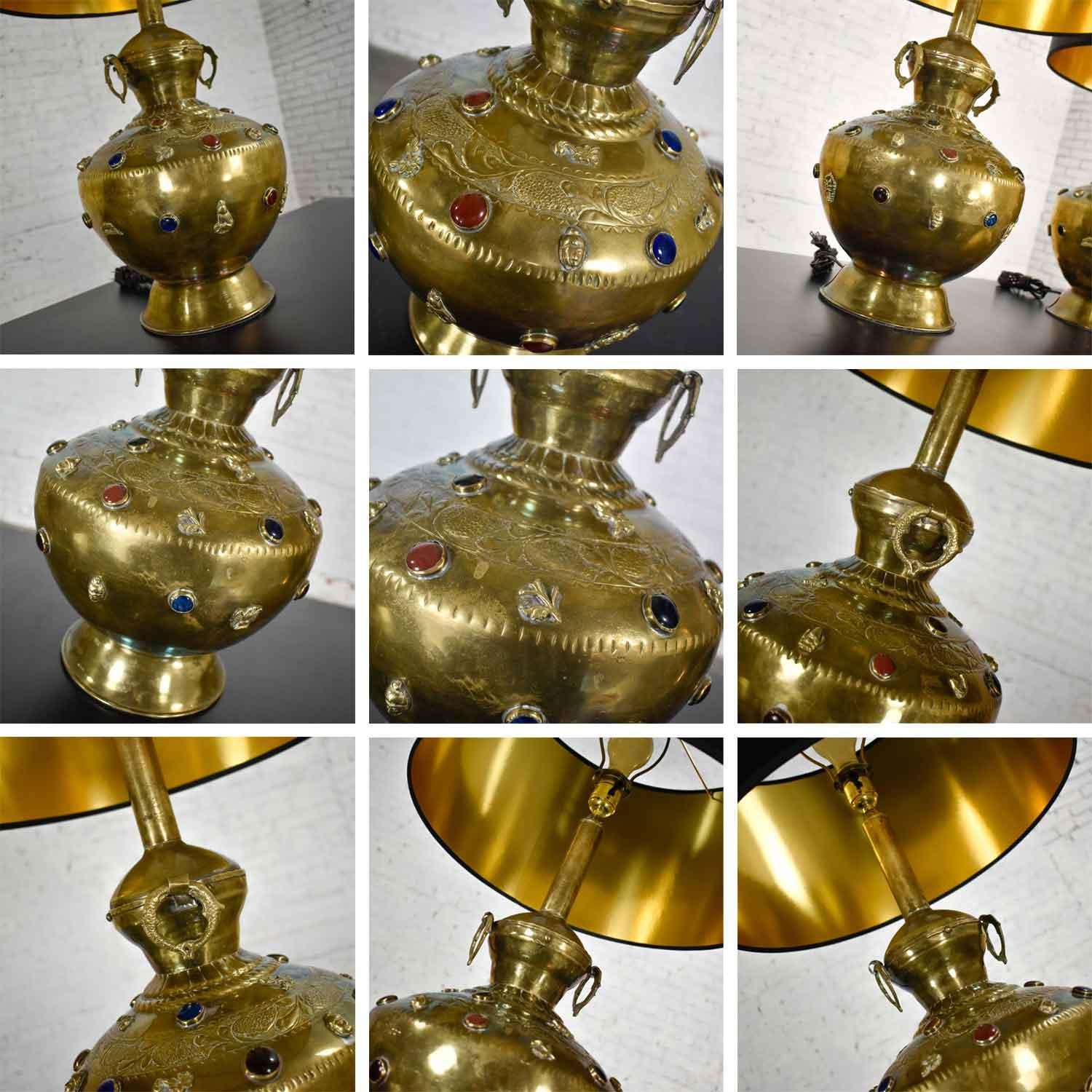 Pair of Tibetan Hand Hammered Brass Lamps with Glass Jewels For Sale 8