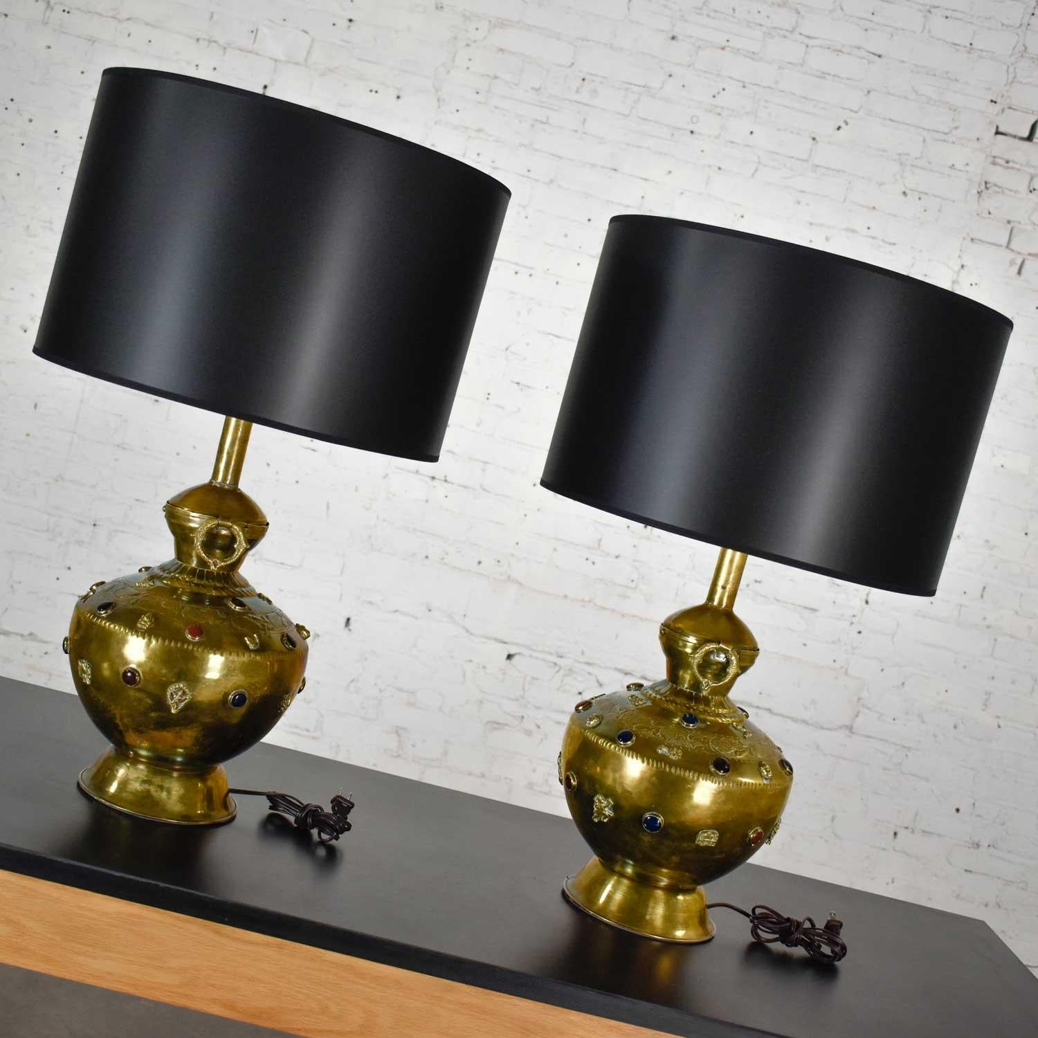 Pair of Tibetan Hand Hammered Brass Lamps with Glass Jewels For Sale 1