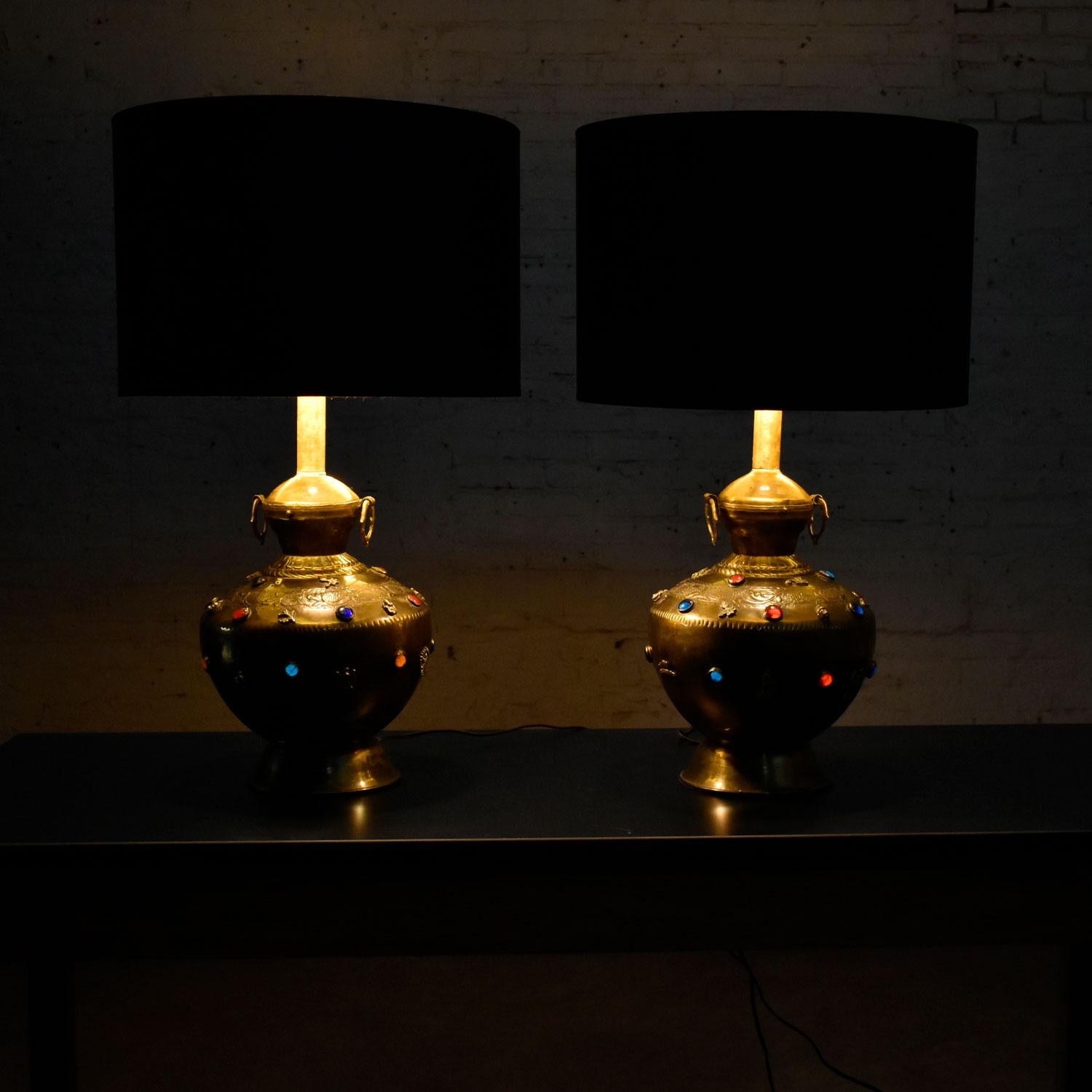 Pair of Tibetan Hand Hammered Brass Lamps with Glass Jewels For Sale 2