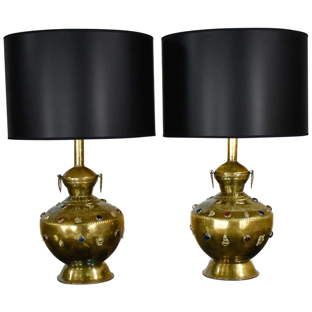 Pair of Tibetan Hand Hammered Brass Lamps with Glass Jewels For Sale