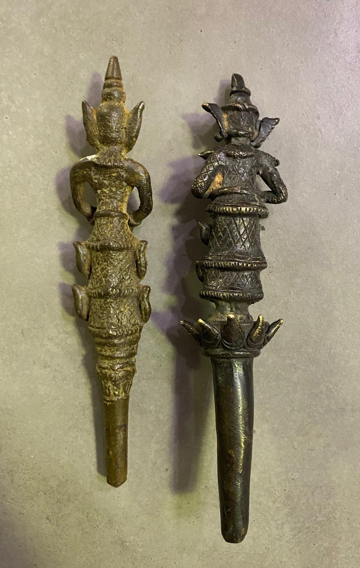 19th Century Pair of Tibetan or Nepalese Bronze Amulets Temple Shrine Figures Artifacts For Sale