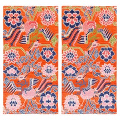 Pair of Tibetan Phoenix and Floral Orange Accessory Runner Rugs by Joseph Carini