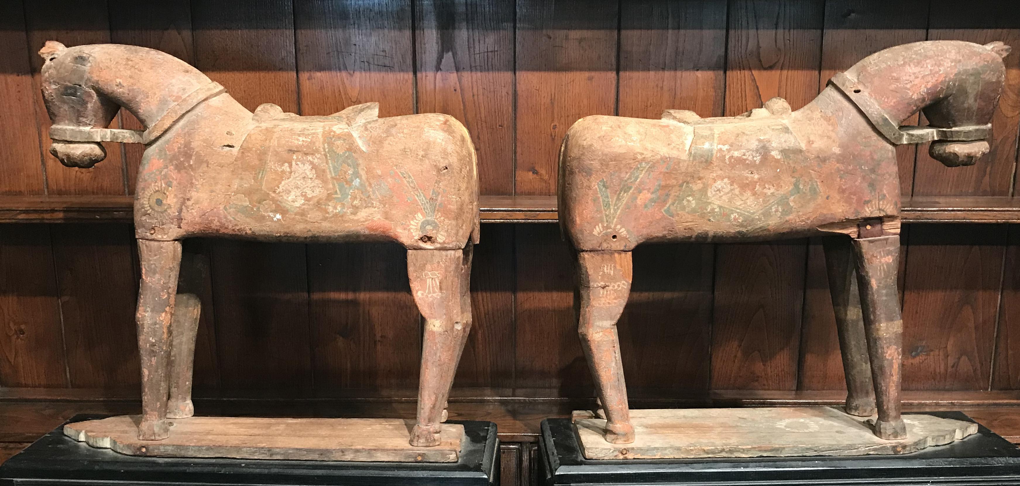 Pair of Tibetan Polychrome Wooden Horse Elements on Plinths 7