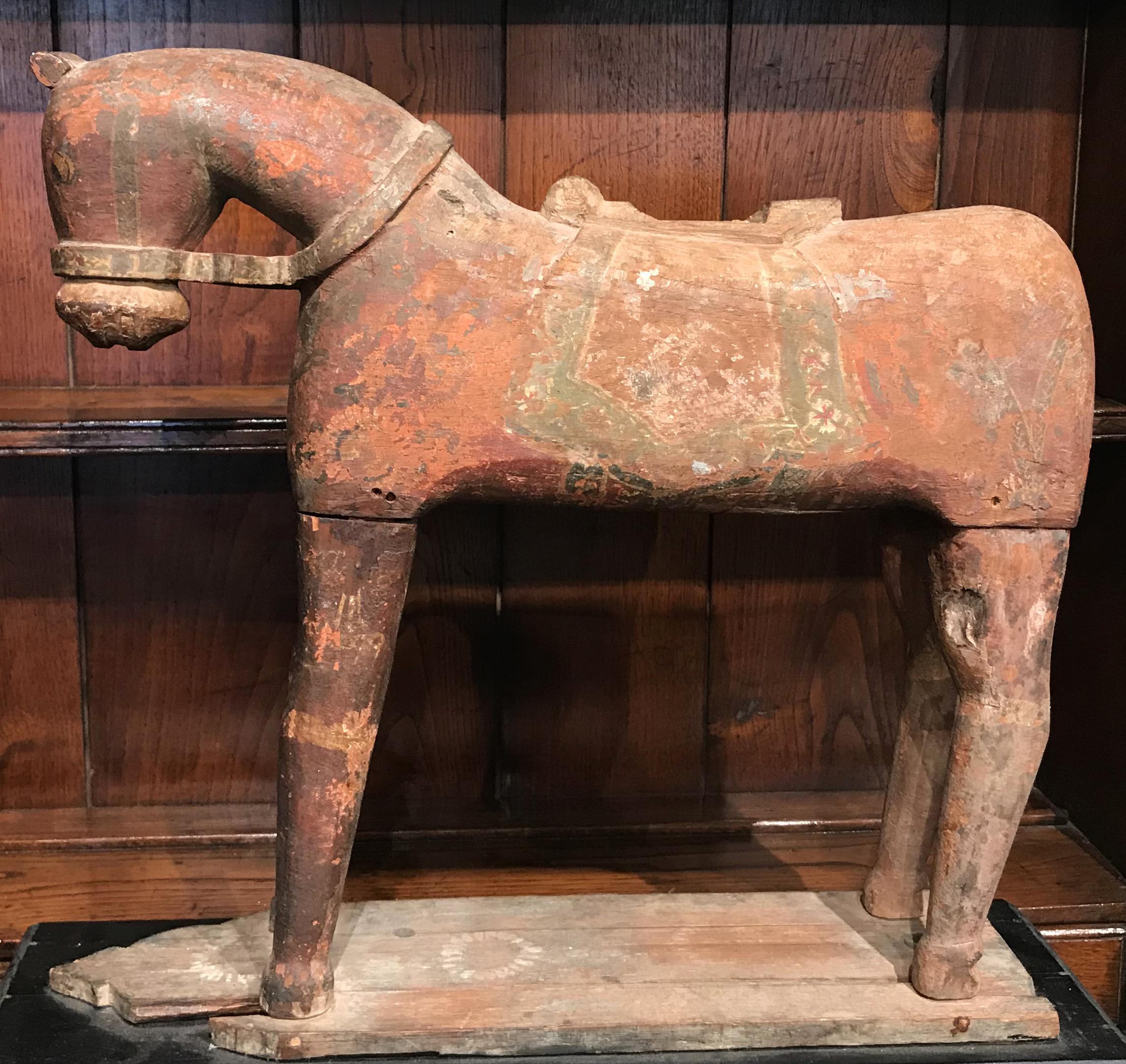 Polychromed Pair of Tibetan Polychrome Wooden Horse Elements on Plinths