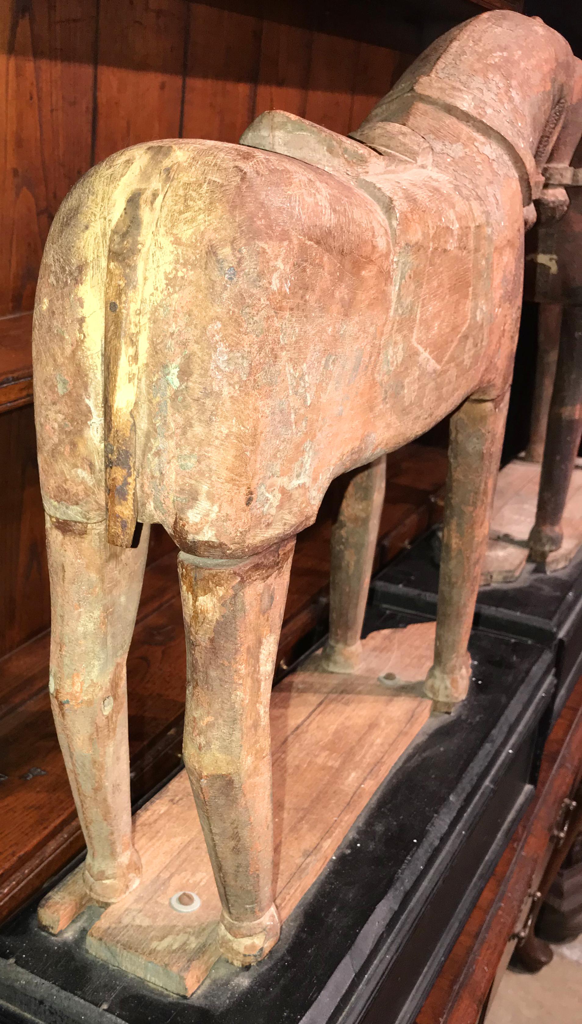 18th Century and Earlier Pair of Tibetan Polychrome Wooden Horse Elements on Plinths