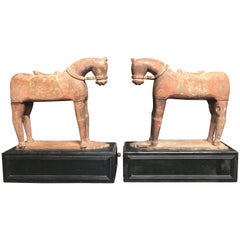 Pair of Tibetan Polychrome Wooden Horse Elements on Plinths