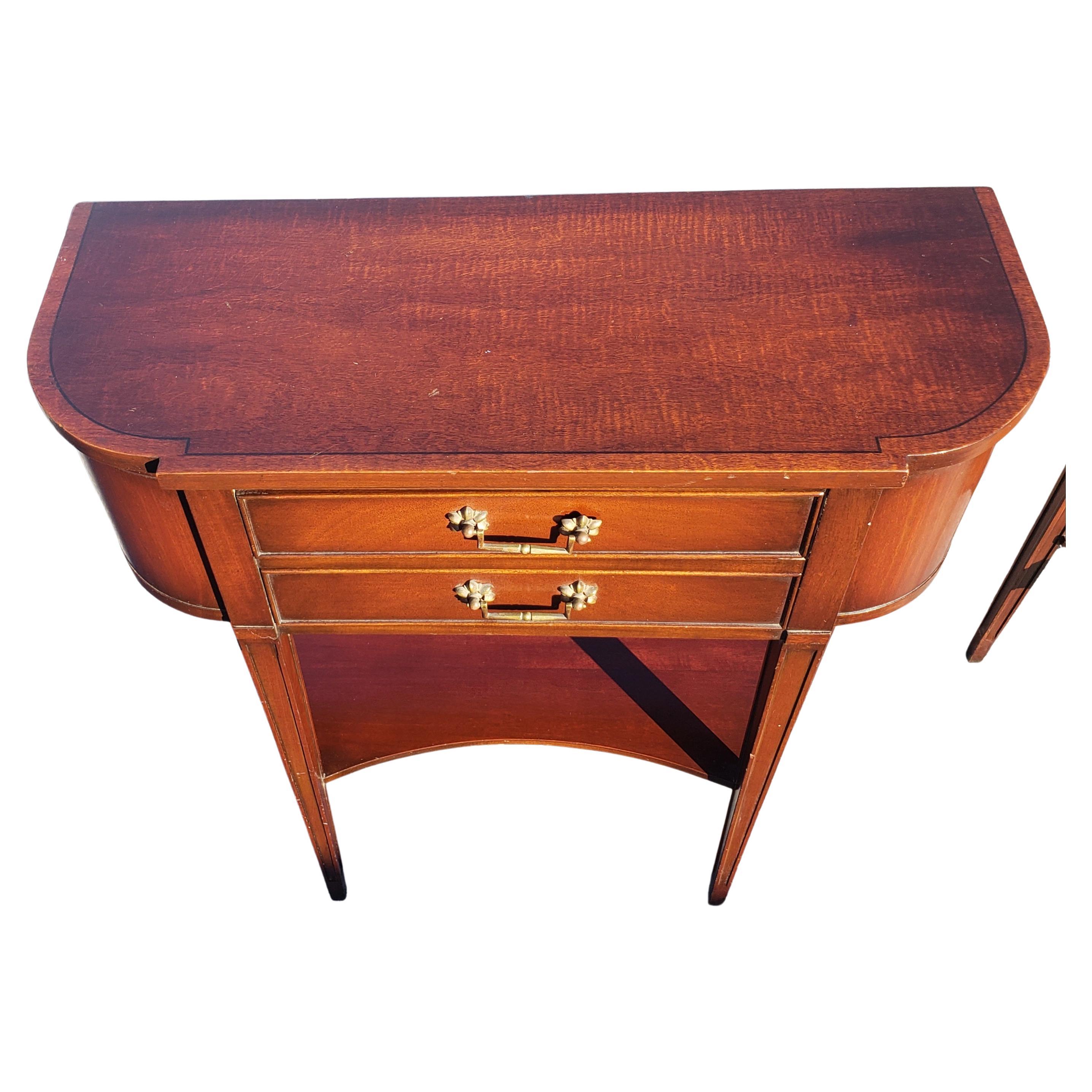 Pair of Tier 2-Drawer Banded Mahogany Regency Console Tables, Circa 1940s 5