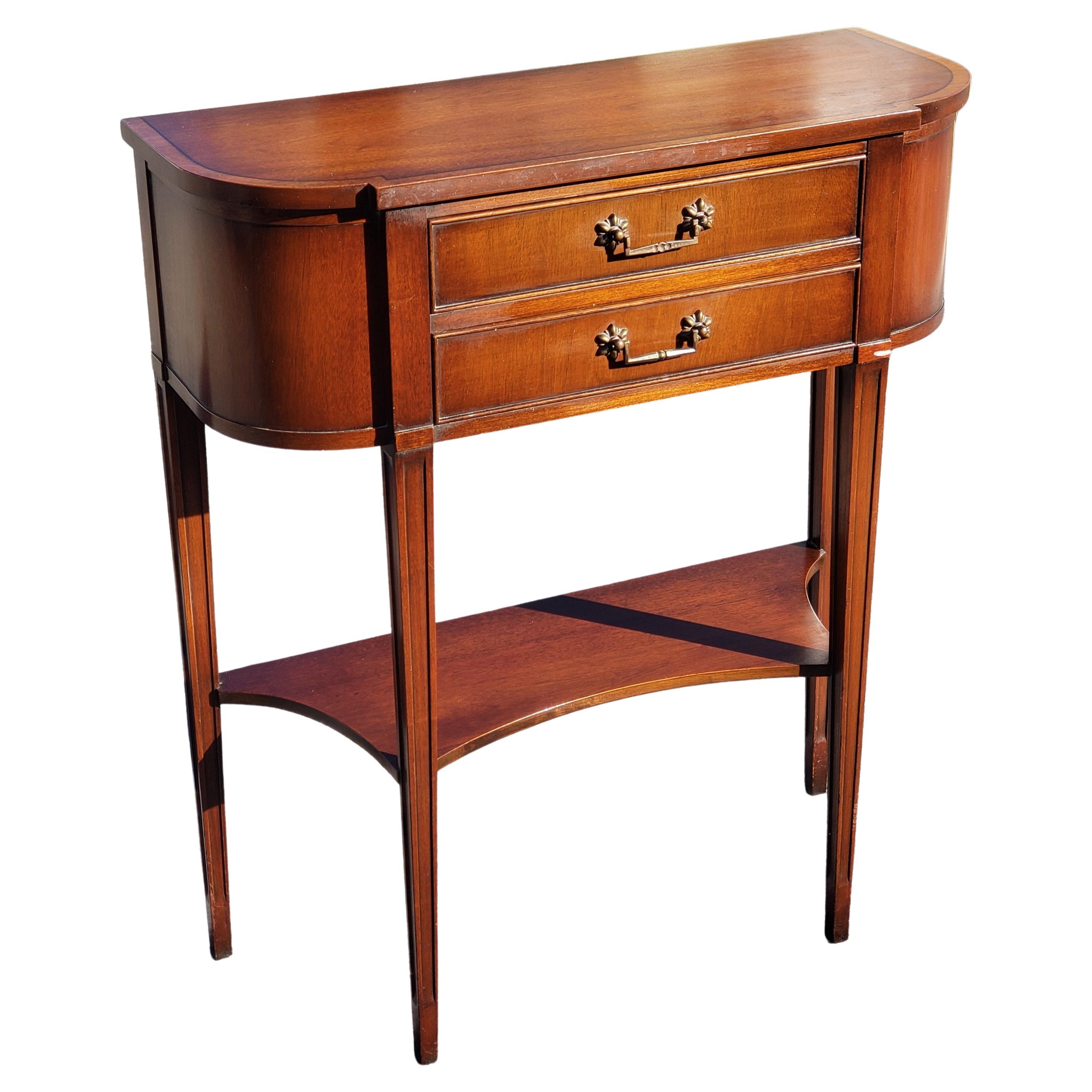 American Pair of Tier 2-Drawer Banded Mahogany Regency Console Tables, Circa 1940s