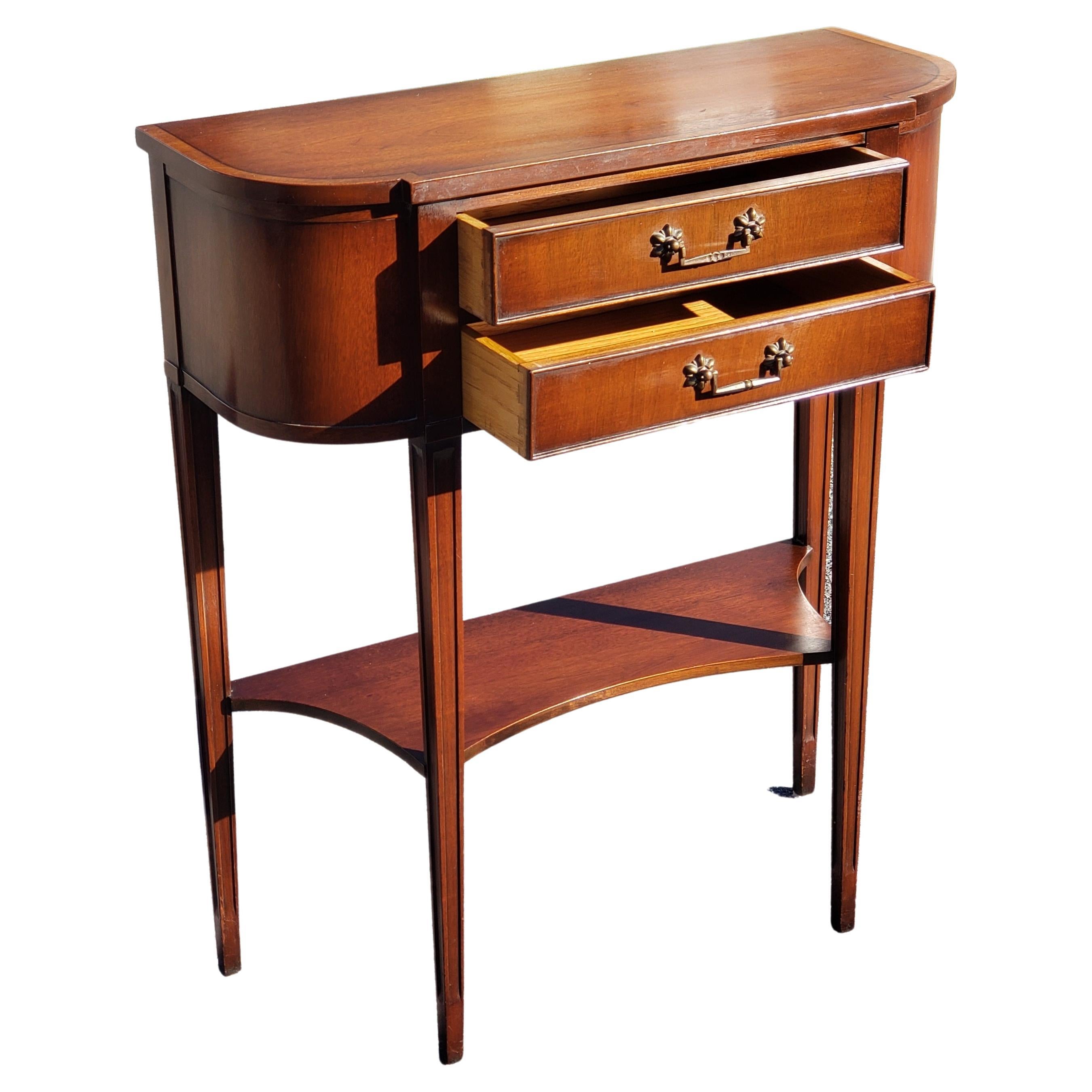 Hand-Crafted Pair of Tier 2-Drawer Banded Mahogany Regency Console Tables, Circa 1940s