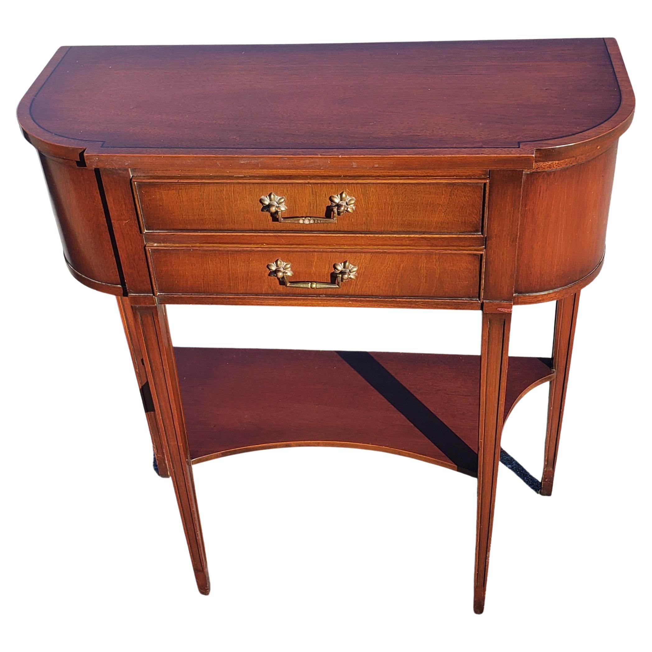 Brass Pair of Tier 2-Drawer Banded Mahogany Regency Console Tables, Circa 1940s