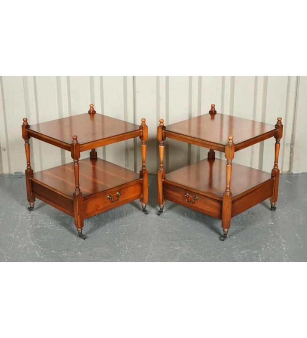 We are delighted to offer for sale this beautiful Vintage Burr Yew wood pair of Nightstands and end side lamp tables.

They are a very well-made and solid pair. We have lightly restored this by giving it a hand clean, waxed and polishing from top