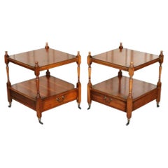 Pair of Tier Burr Yew Wood Nightstands End Lamp Bedside Tables, 1950s