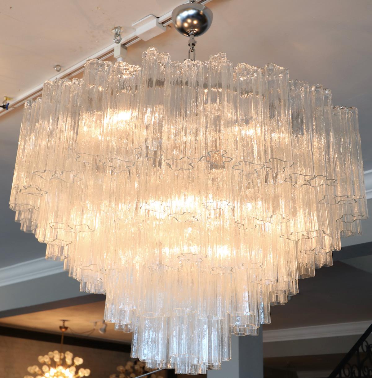 Late 20th Century Pair of Tiered Clear Murano Glass Mazzega Chandeliers, 1970s For Sale