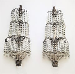 Pair of Tiered Crystal French Art Deco Wall Sconces Attrib to Sue et Mare