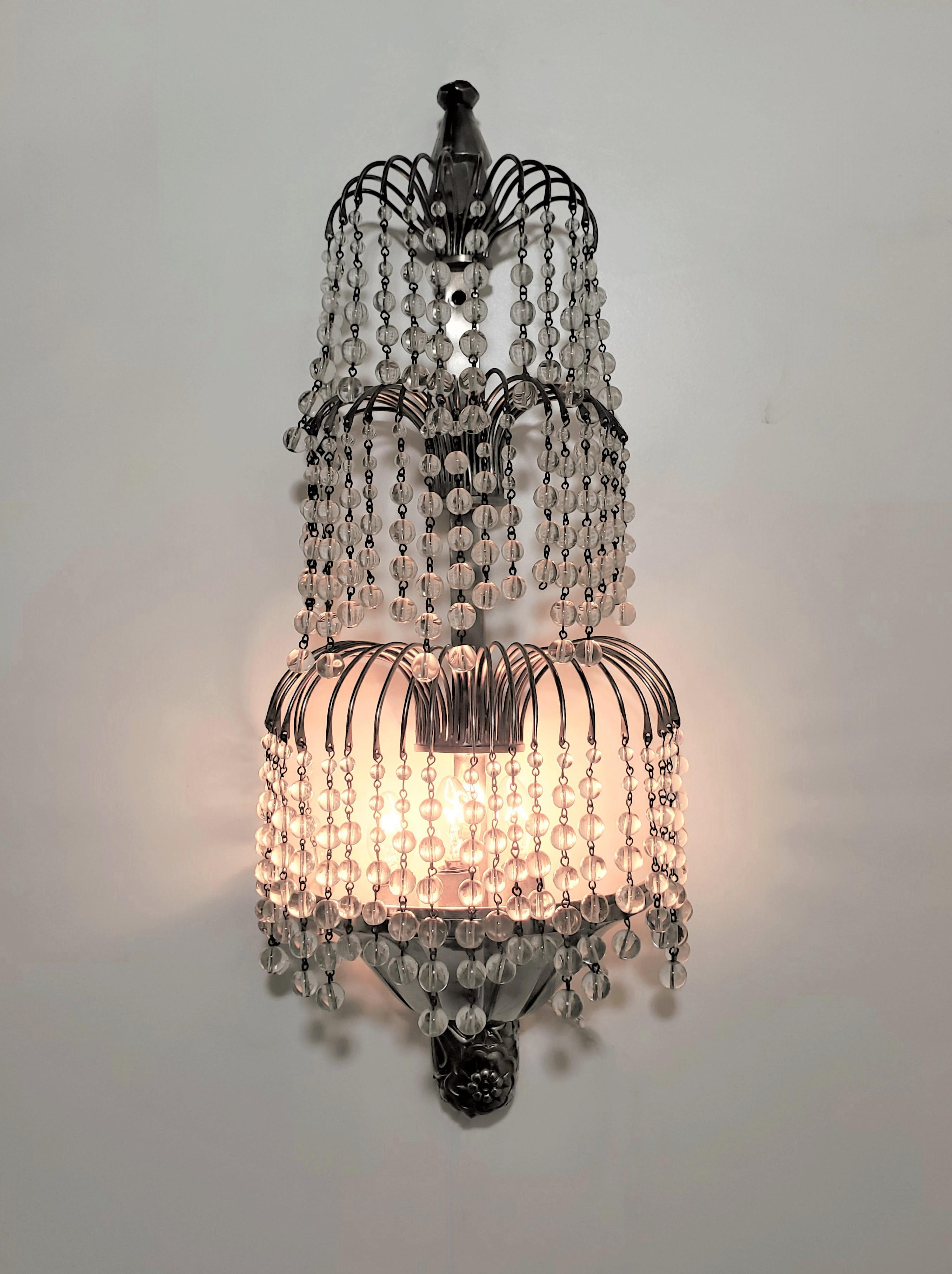 20th Century Pair of Tiered Crystal French Art Deco Wall Sconces Attrib to Sue et Mare For Sale