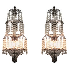 Pair of Tiered Crystal French Art Deco Wall Sconces Attrib to Sue et Mare