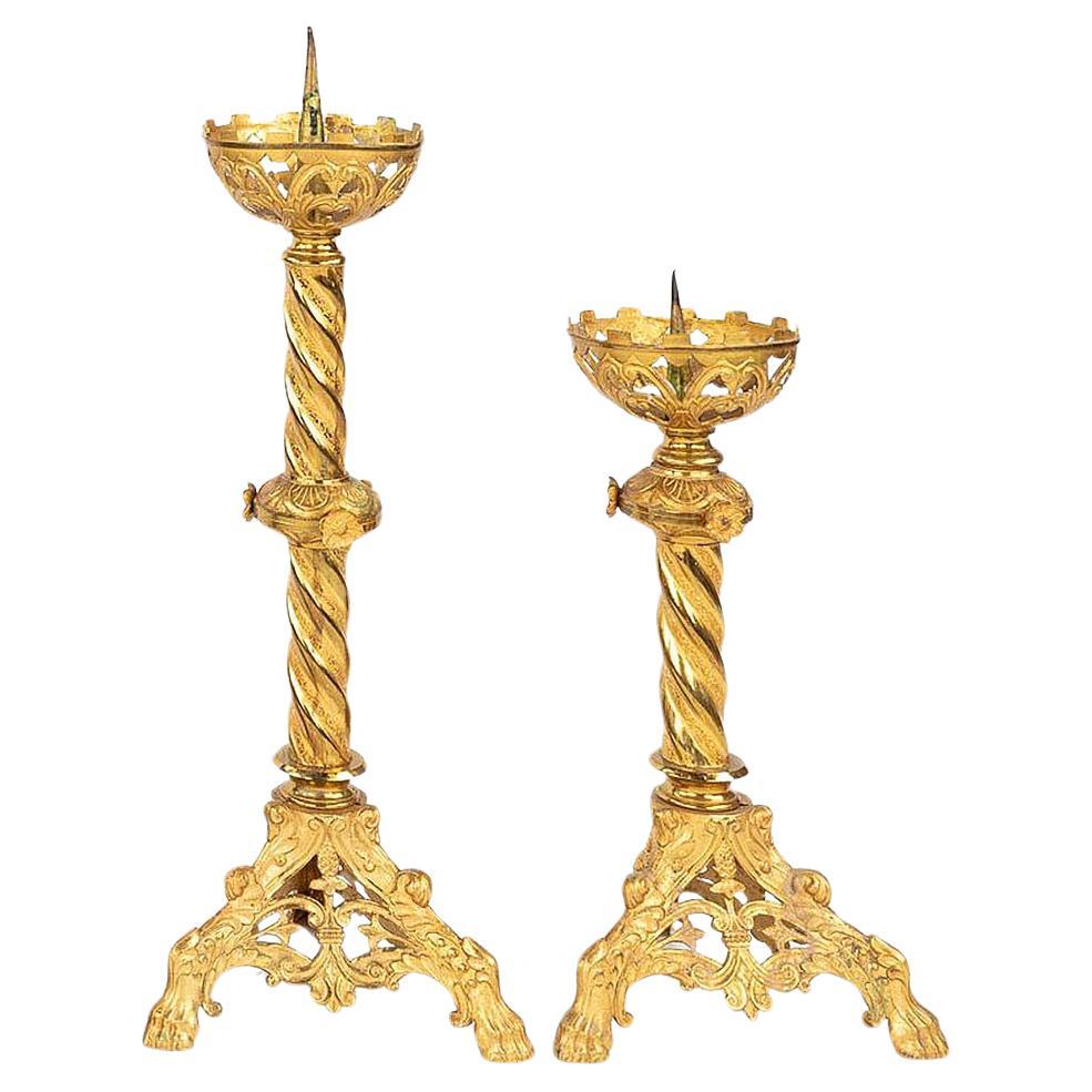 Pair of tiered gilt brass European Gothic Revival pricket candlesticks with Solo