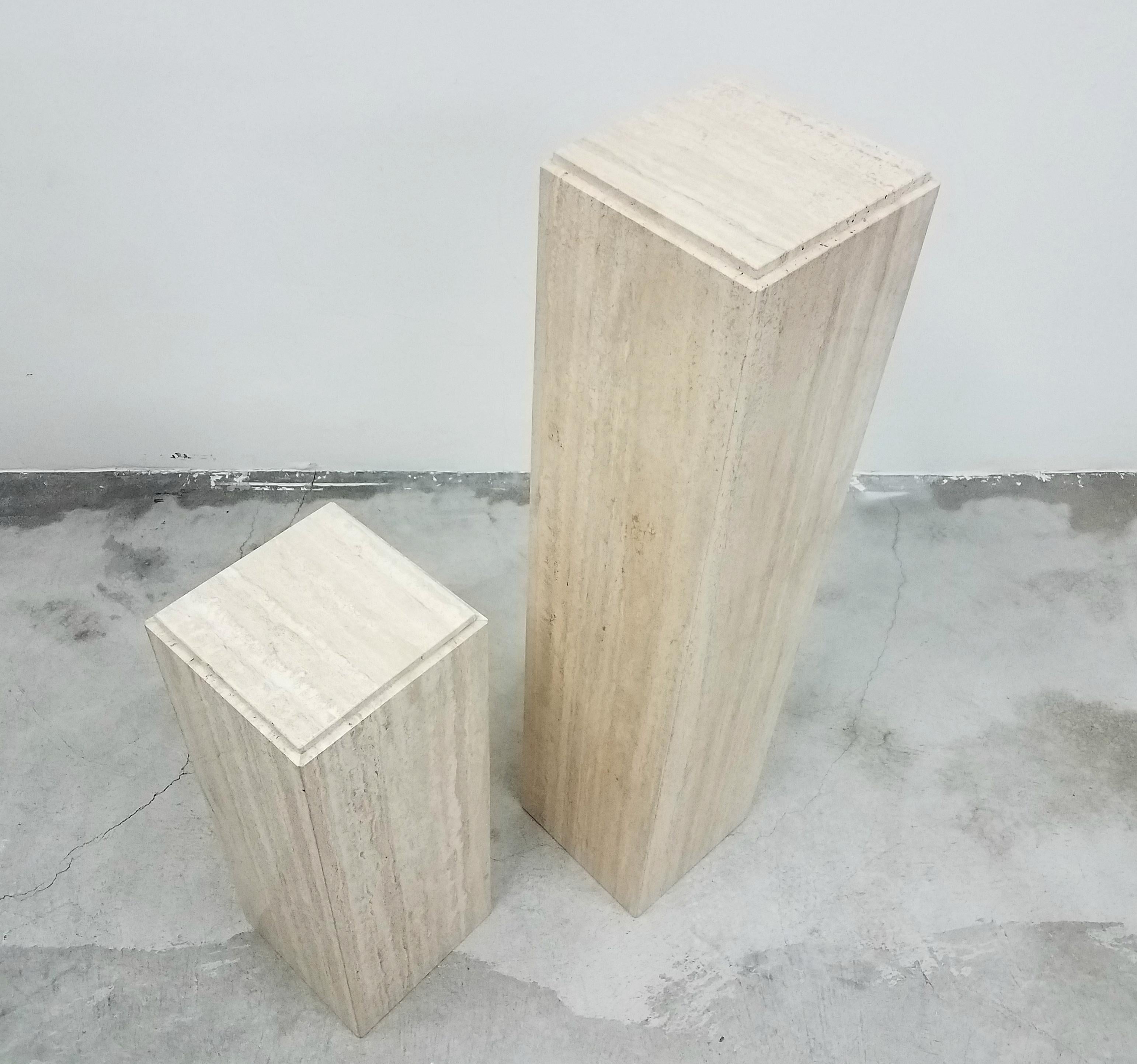 Polished Pair of Tiered Square Italian Travertine Display Pedestals