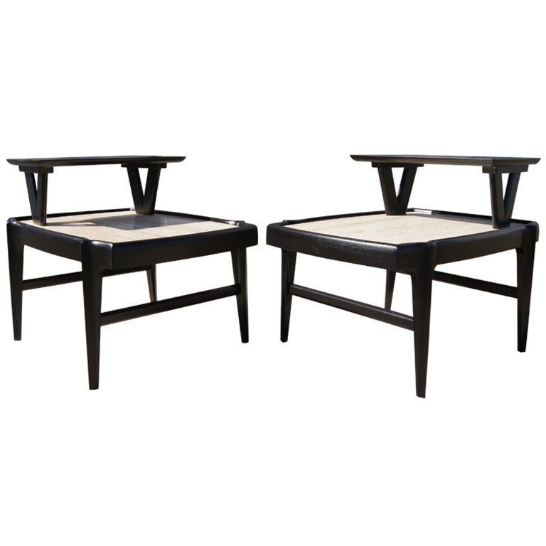 Pair of Tiered Travertine and Ebonized Wood Side Tables after Bertha Schaefer For Sale